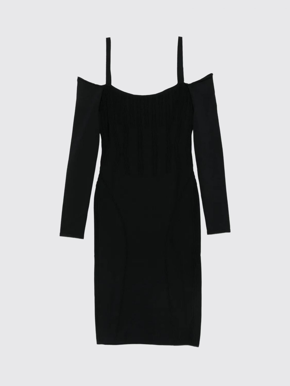 Mugler Ribbed Off-shoulder Mini Dress In Black