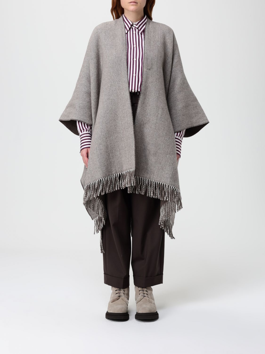 Brunello Cucinelli Herringbone-pattern Fringed Poncho In Brown
