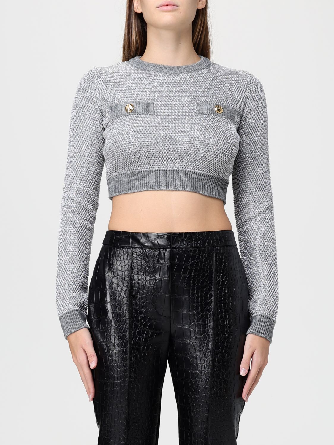 Elisabetta Franchi Cropped Grey Melange Sequin Sweater With Jewel Buttons In Gray