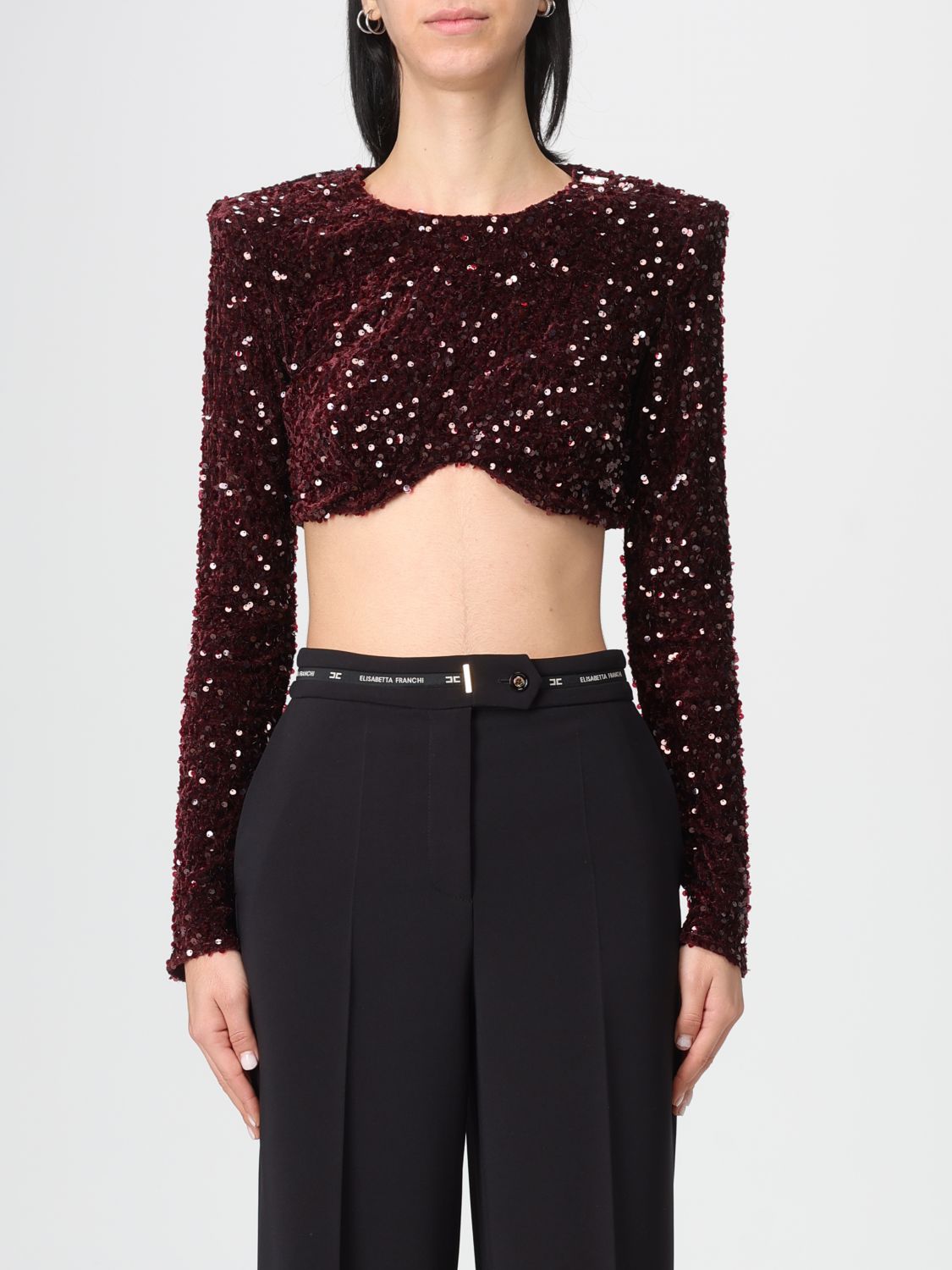 Elisabetta Franchi Cropped Long-sleeved Top With Scalloped Hem In Burgundy