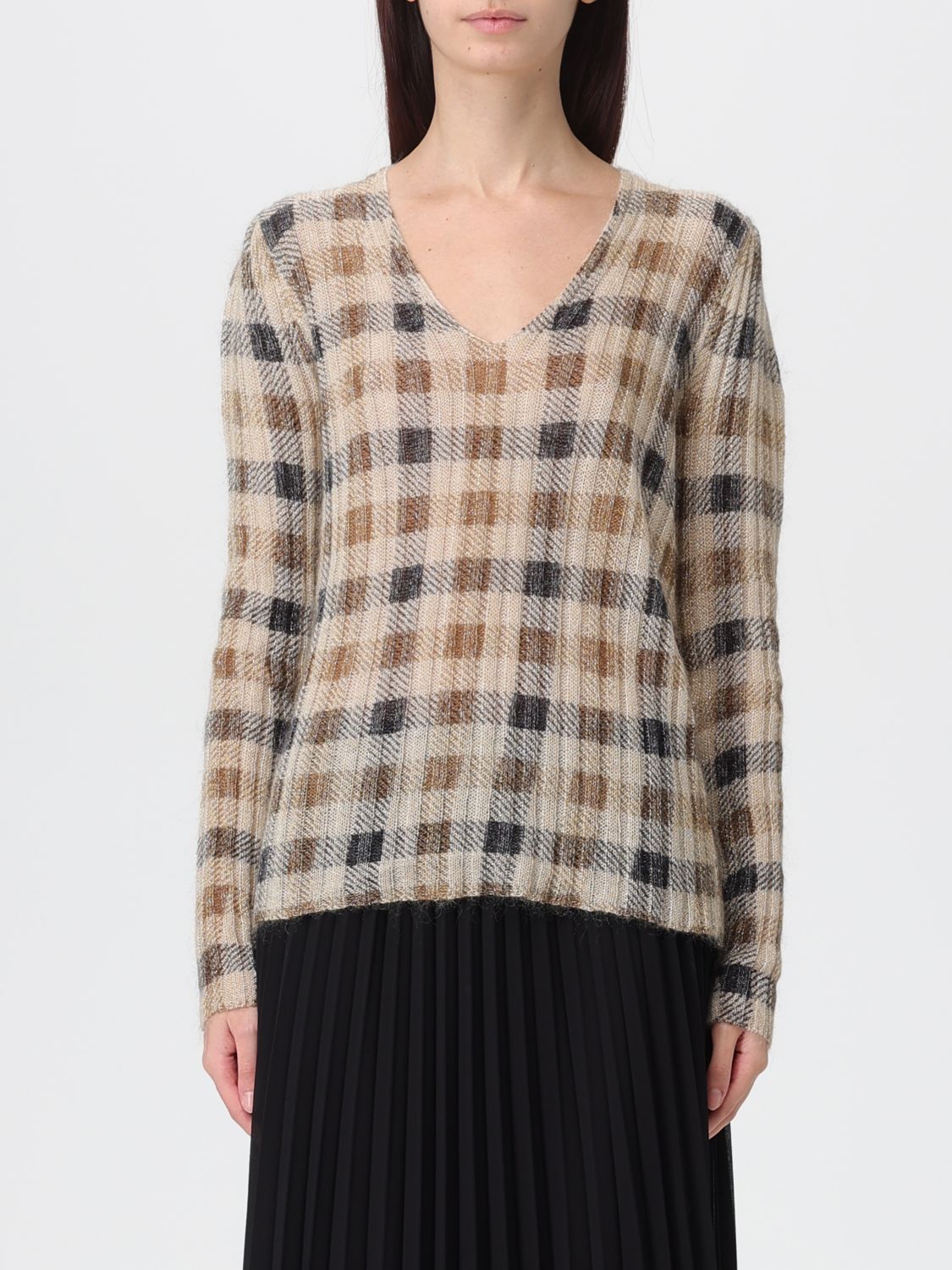 Twinset Checkered Knit Sweater With Fitted Silhouette In Brown