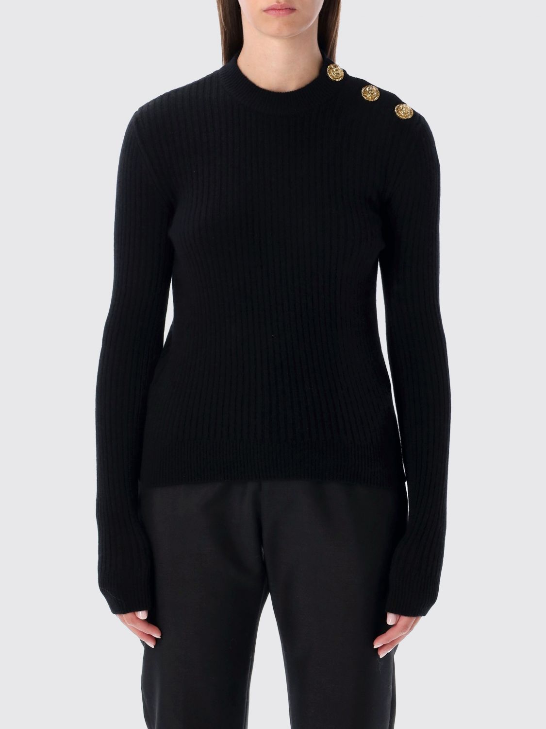 Balmain Black Ribbed Wool Sweater With Gold Buttons In Black
