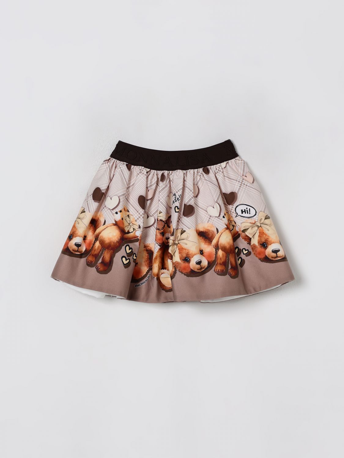 Monnalisa Beige Skirt With Elastic Waist With Logo Lettering And All-over Print In Cotton Stretch Girl In Gray
