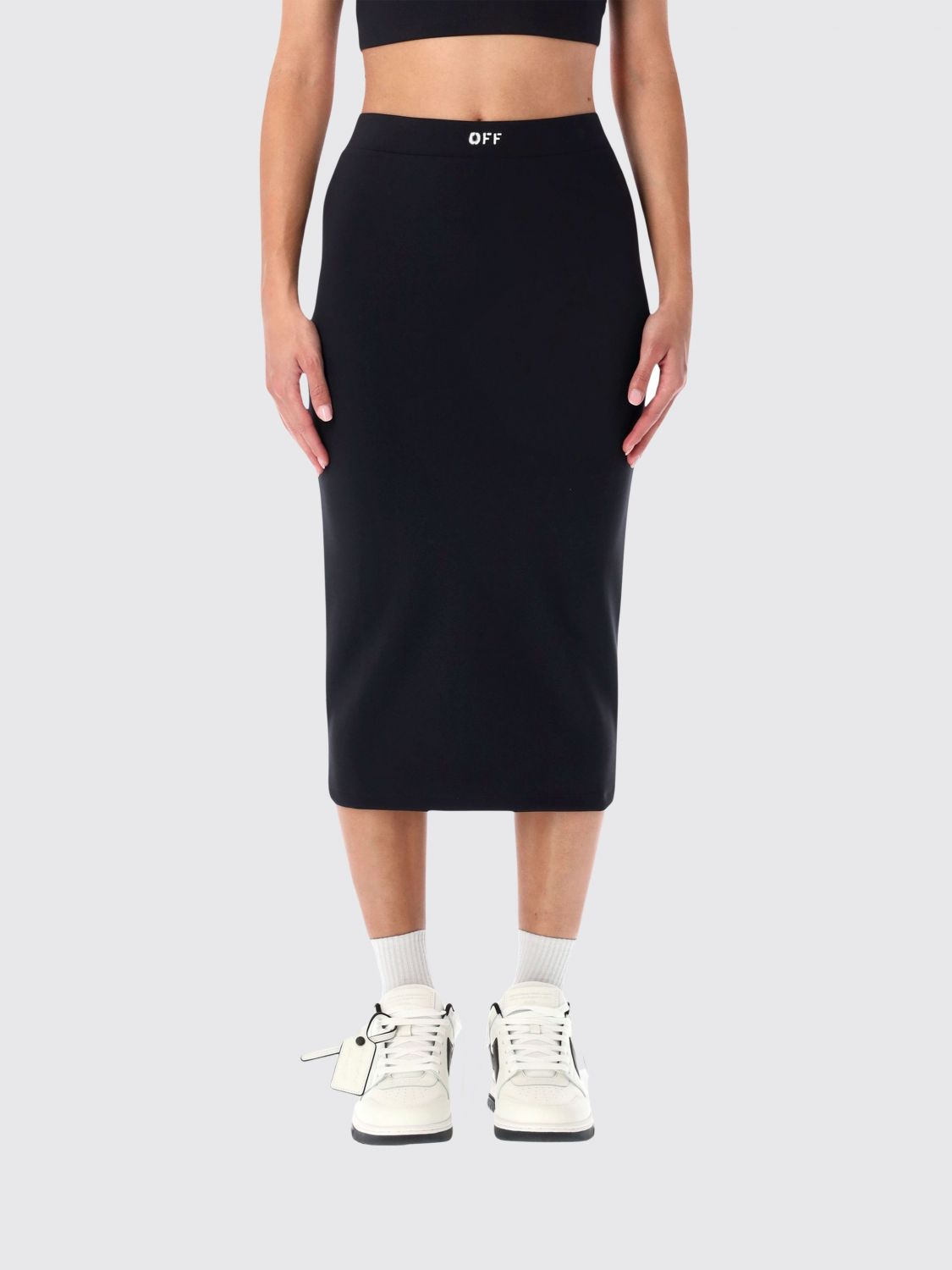 Off-white Fitted Midi Skirt In Stretch Technical Fabric With Front Logo Detail In Black