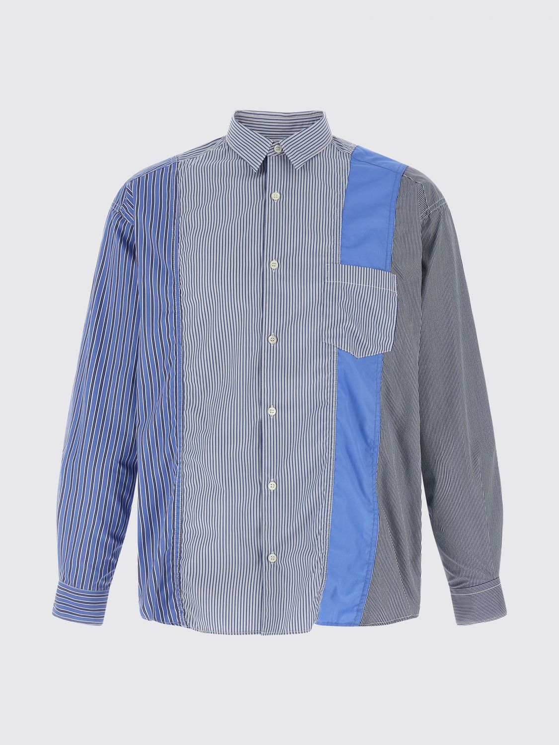 Comme Des Garçons Patchwork Patterned Cotton Poplin Shirt With Fringed Hem In Multi