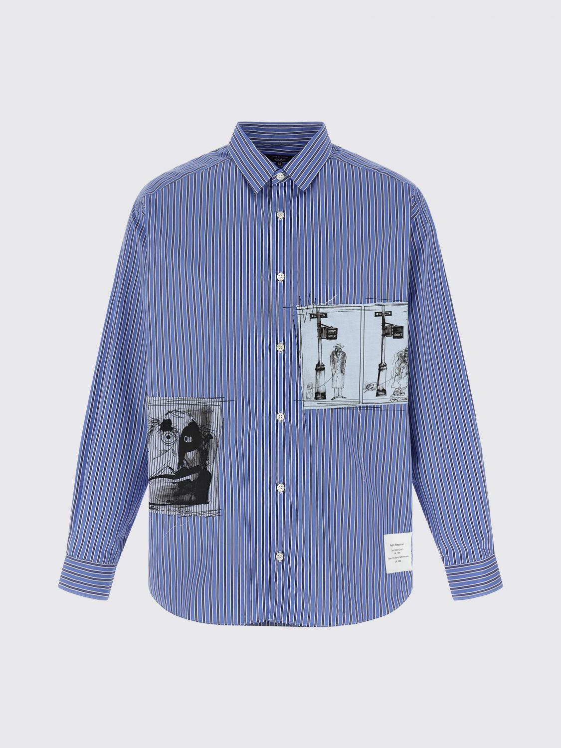 Comme Des Garçons Striped Shirt With Graphic Patches And Collar In Blue