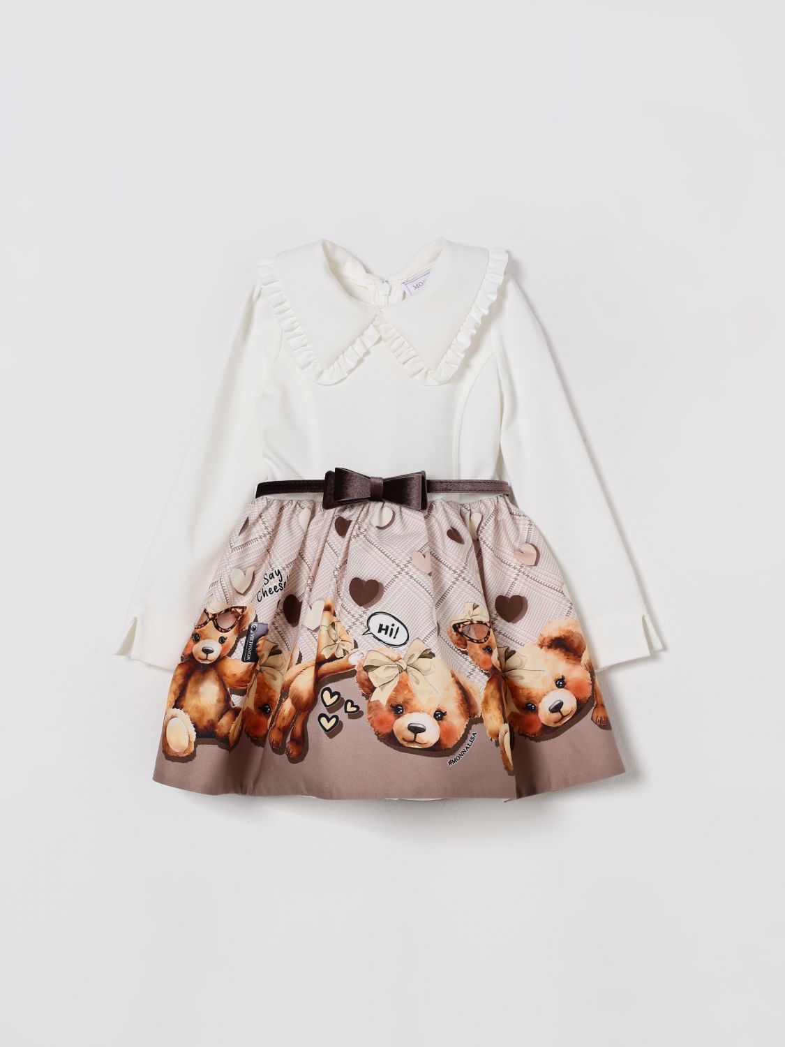 Monnalisa Cotton Teddy Bear Dress In Brown