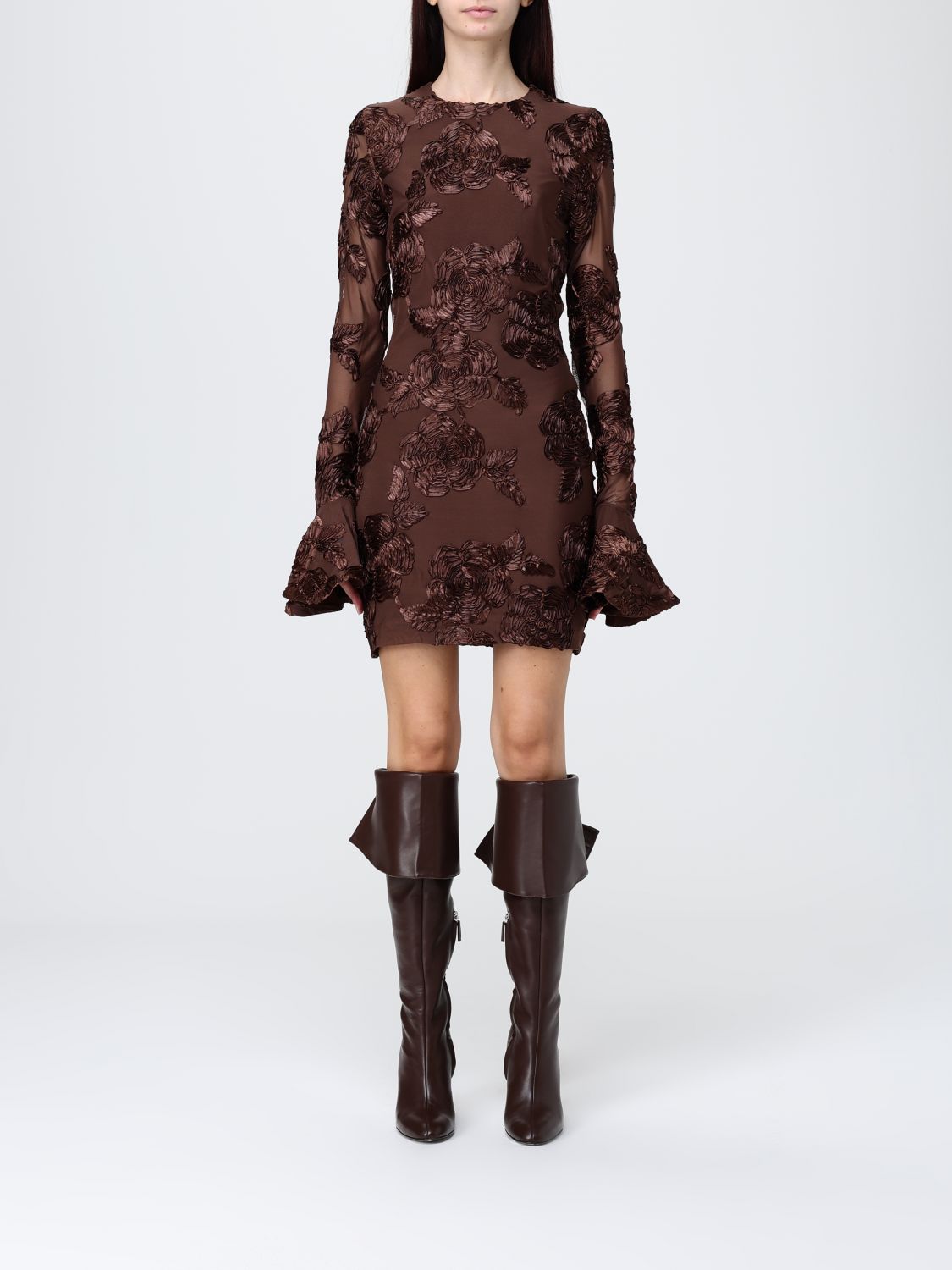 Rotate Birger Christensen Brown Crewneck Mini Dress With Flared Long Sleeves In Tech Fabric Stretch Woman In Brown