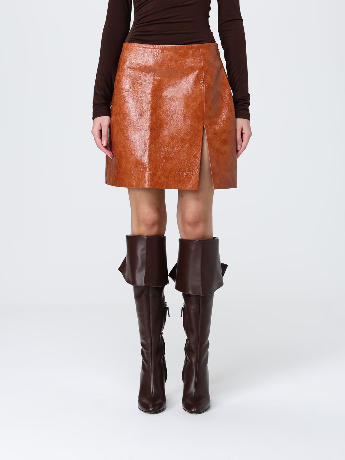 The Andamane Mini Skirt With Leather Effect And Side Slit In Brown