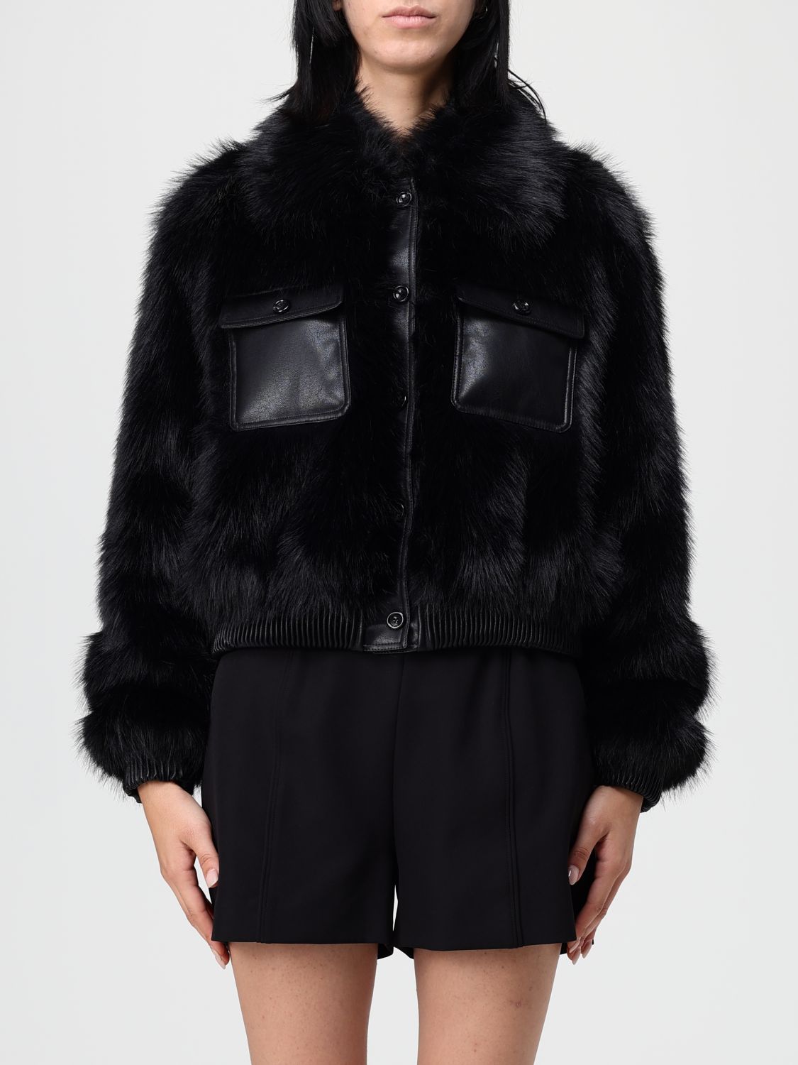Liu •jo Plush Eco Fur Bomber Jacket With Ribbed Details In Black