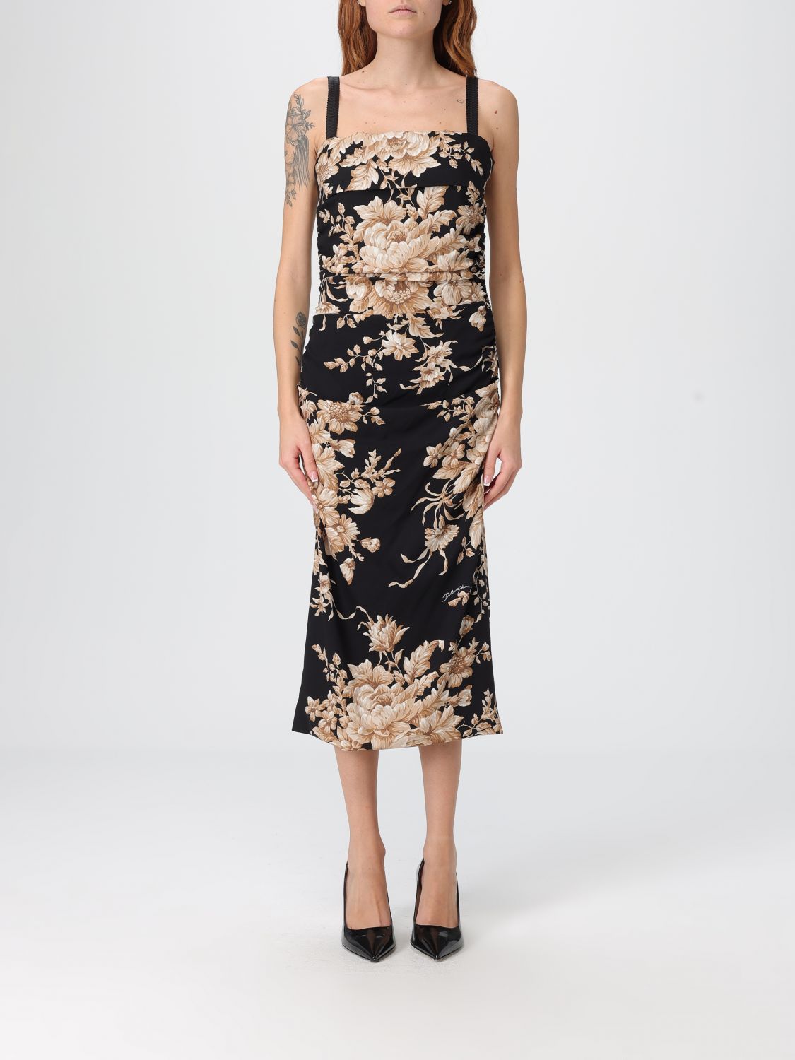 Dolce & Gabbana Floral Print Fitted Dress With Spaghetti Straps In Black