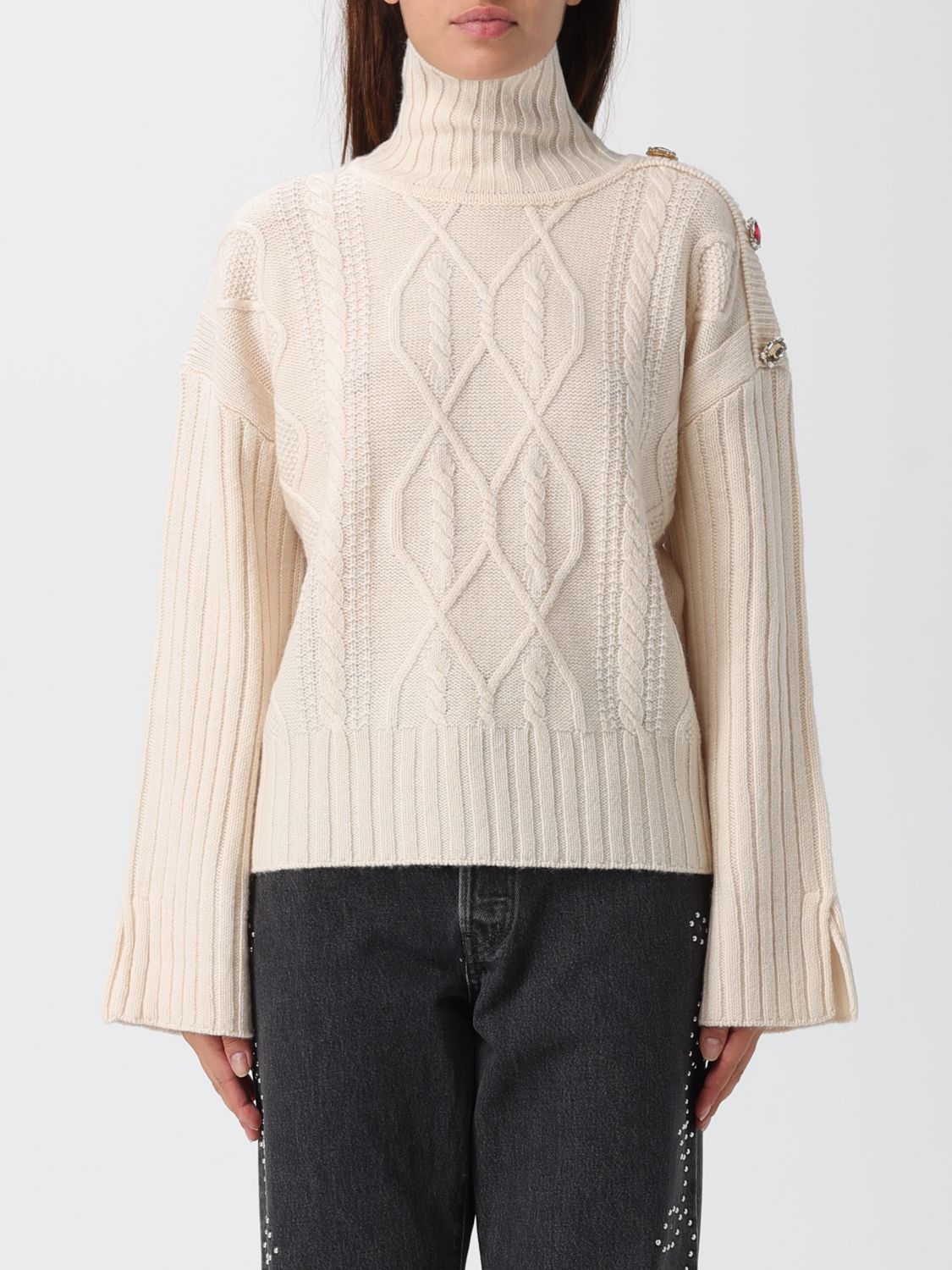 Liu •jo Cable Knit Sweatshirt With Jewel Button Detail In Neutral