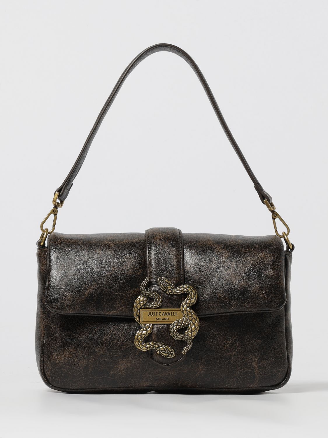 Just Cavalli Snake-buckle Shoulder Bag In Brown