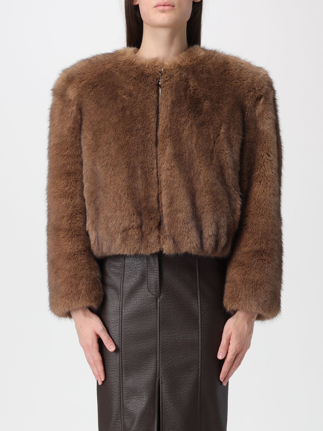 Stand Studio Short Cropped Faux Fur Jacket With Round Neckline In Brown