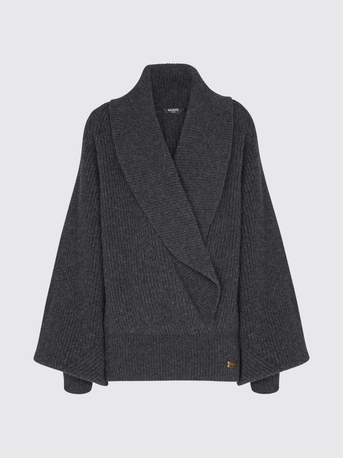 Balmain Oversized Ribbed Knit Pullover With Shawl Collar In Gray