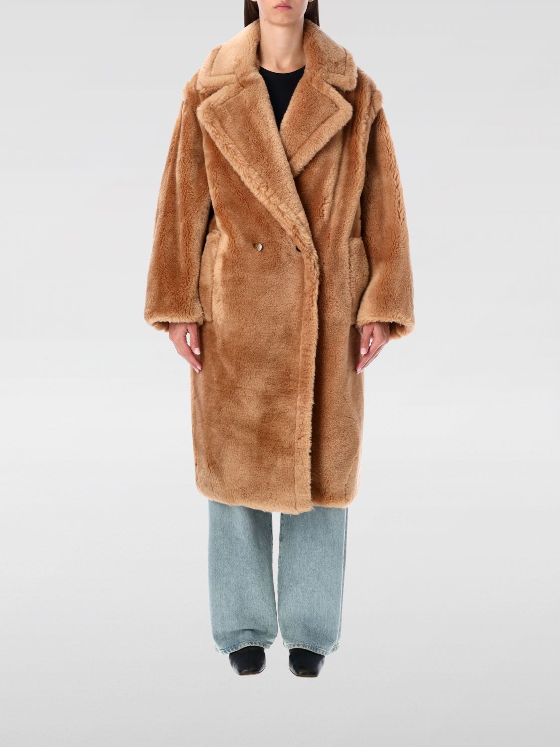 Stand Studio Biba Long Faux Fur Camel Coat In Brown