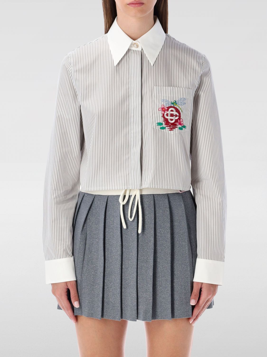 Casablanca Cropped Long-sleeved Striped Shirt With Floral Embroidery In Gray