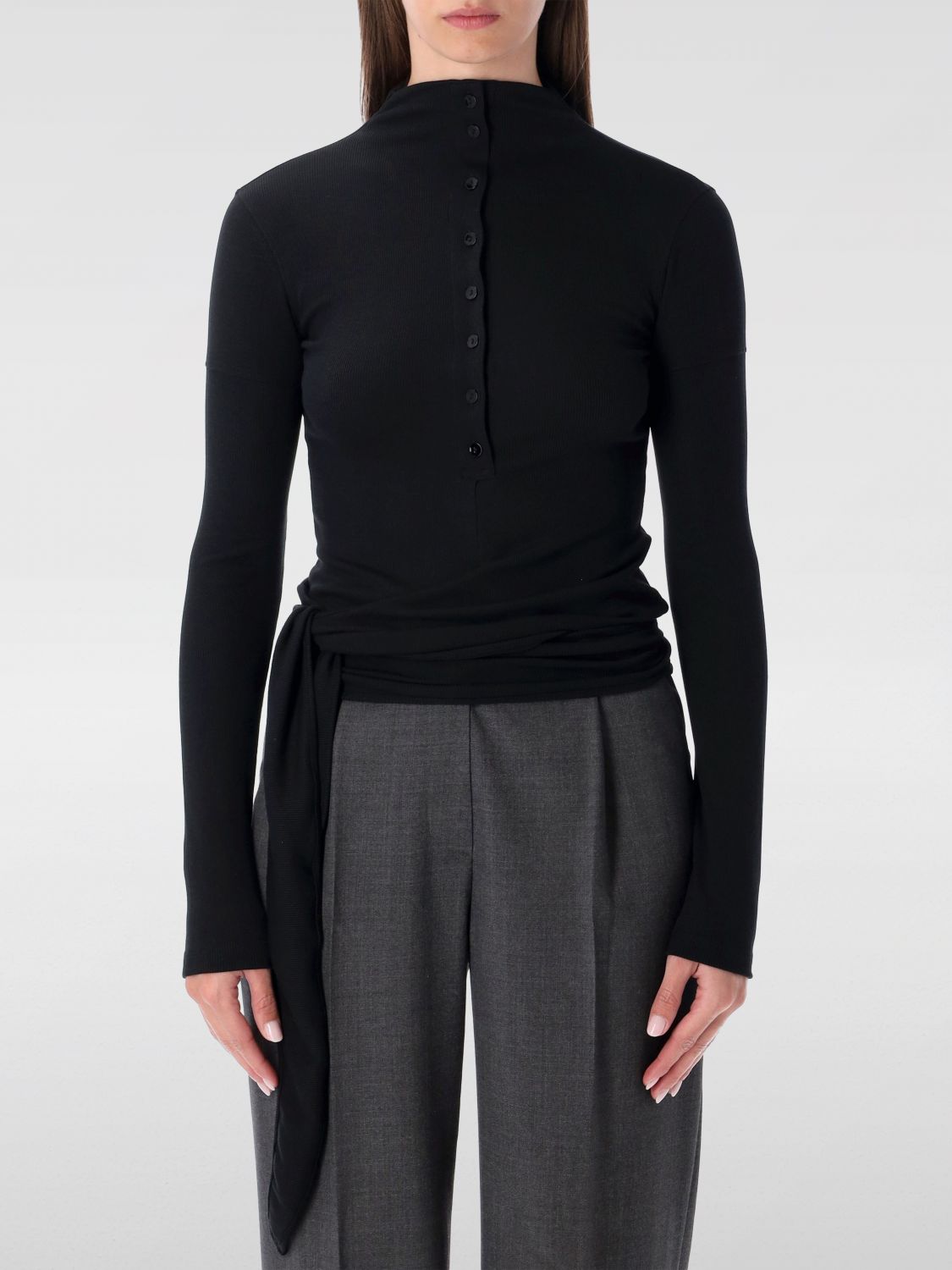 Low Classic Black Long Sleeve Half-neck Wrap Top In Black