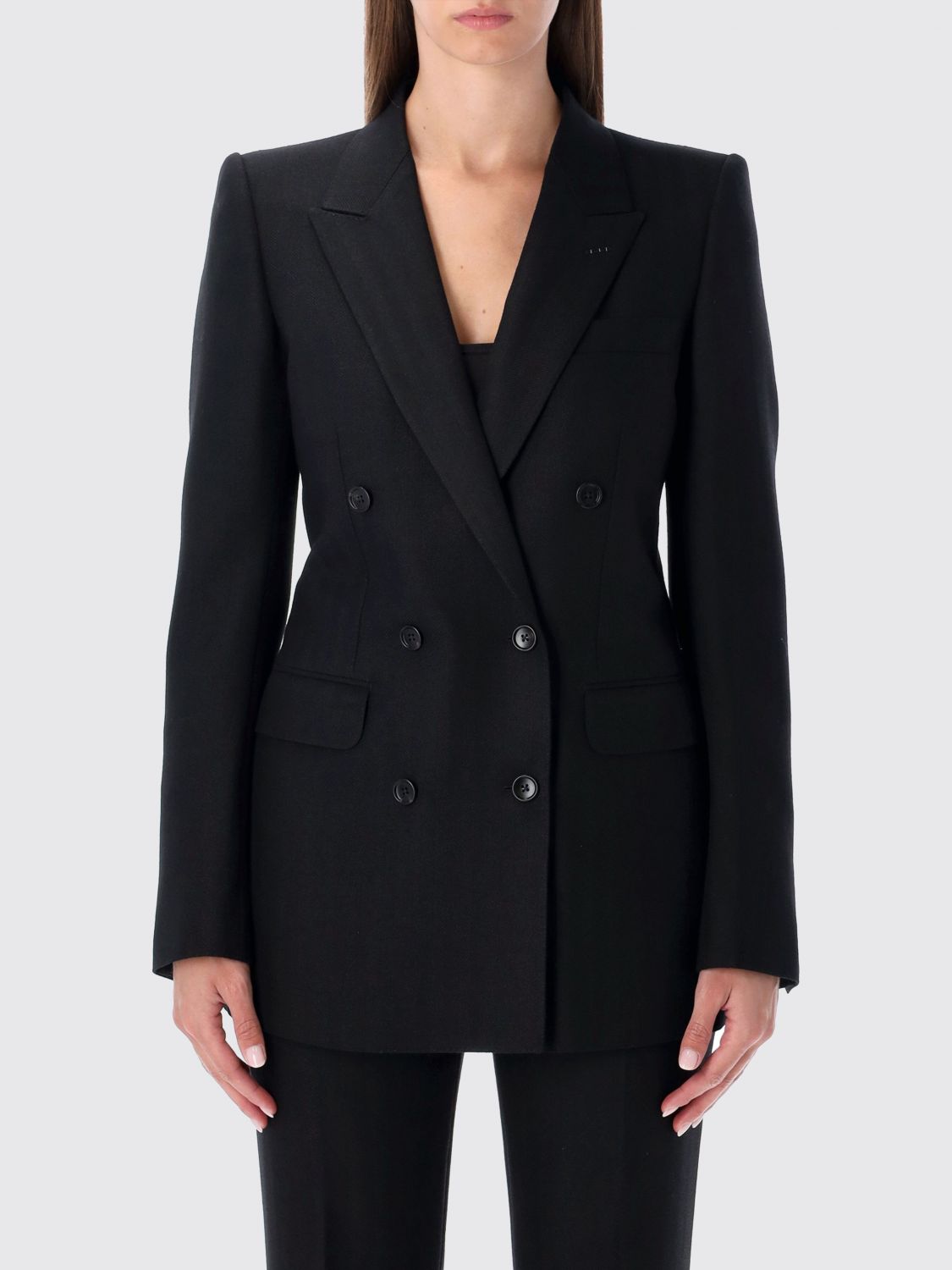 Tom Ford Black Harringbone Wool Double-breasted Tailored Jacket In Black