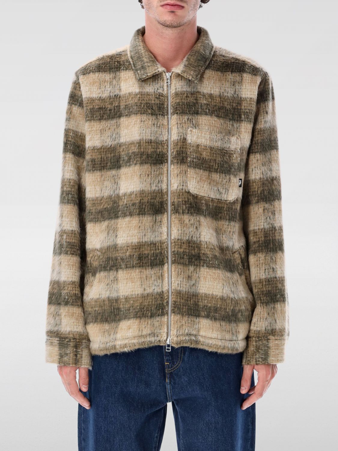 Huf Relaxed Fit Brown Fuzzy Plaid Jacket In Green