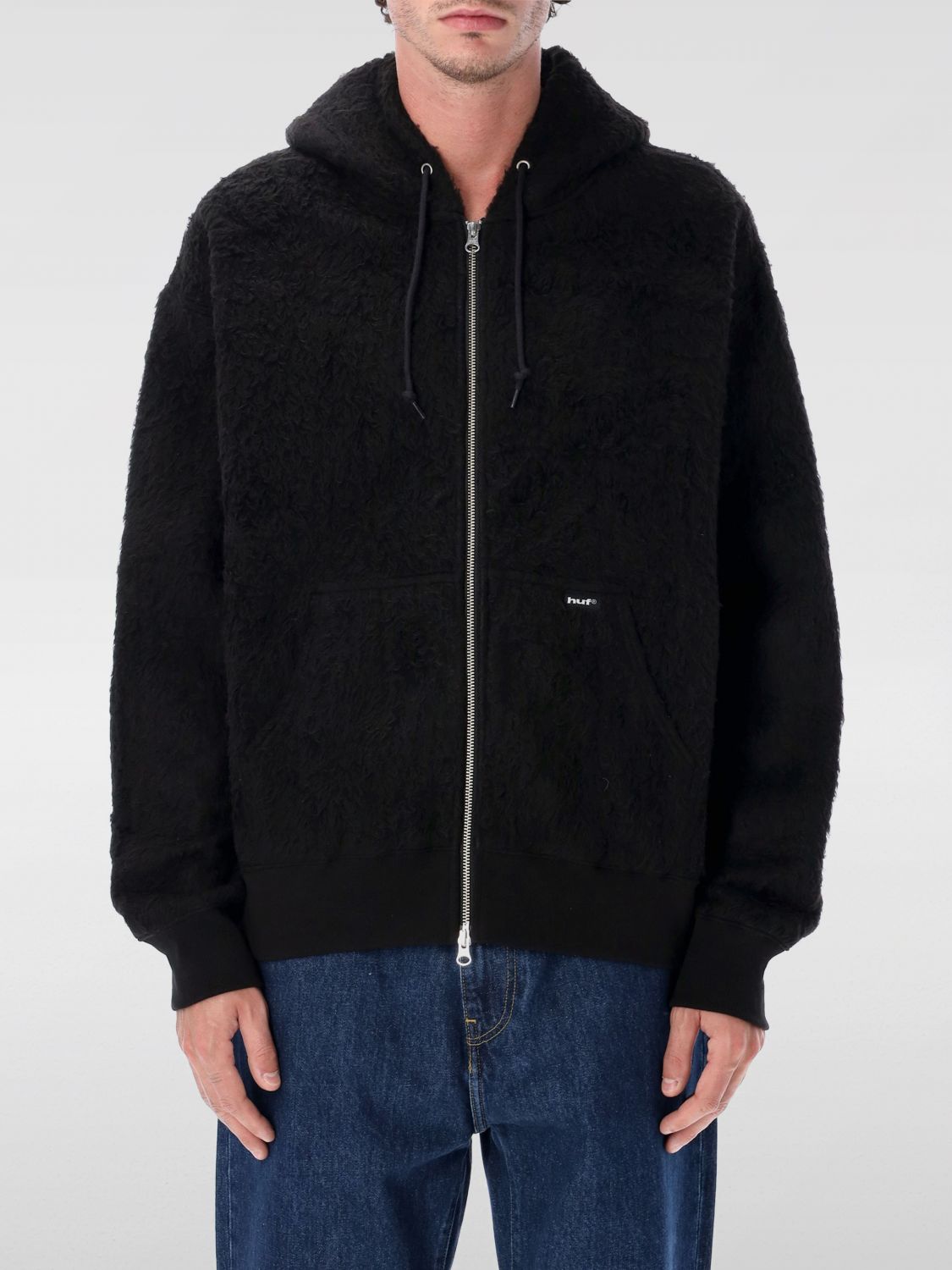 Huf Brushed Fleece Jacket With Kangaroo Pockets In Black