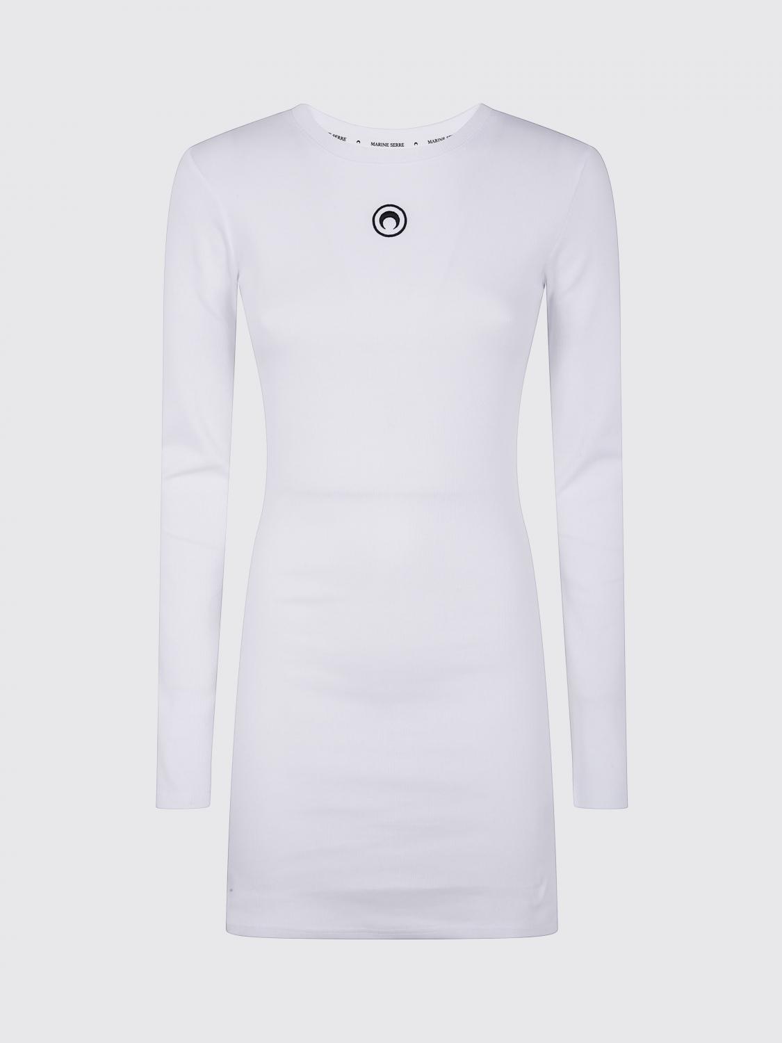 Marine Serre White Moon Logo Ribbed Jersey Ls Crewneck Minidress In White