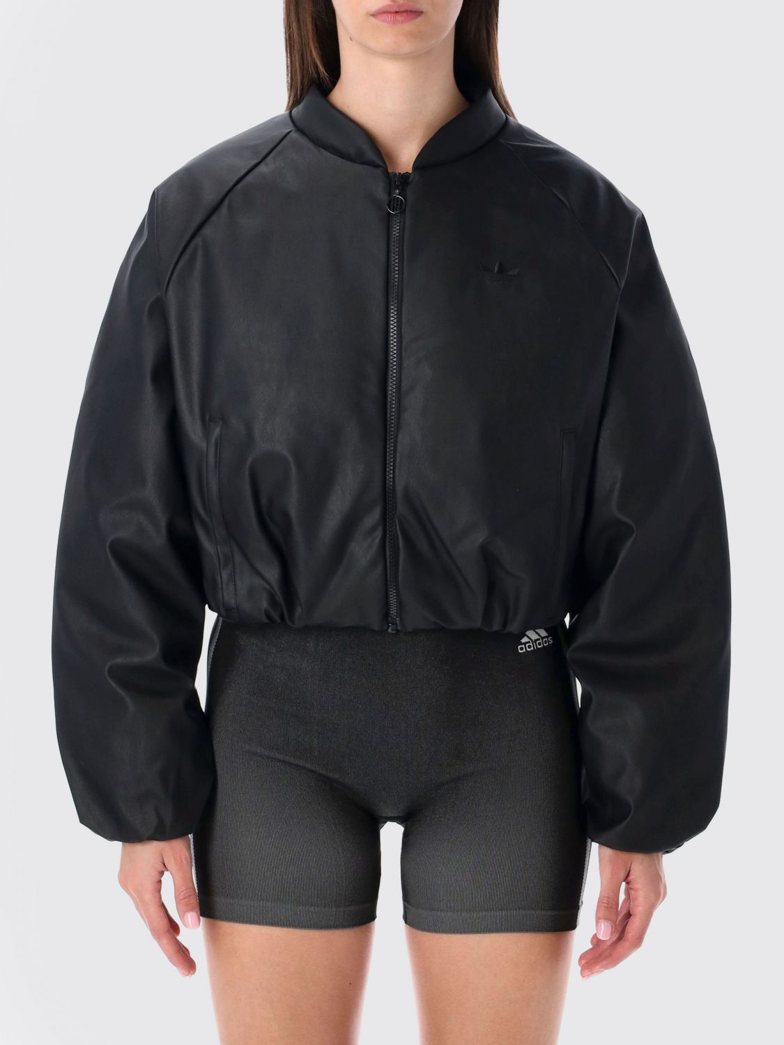 Adidas Originals Pleather Bomber Synthetic Down Jacket Black In Black