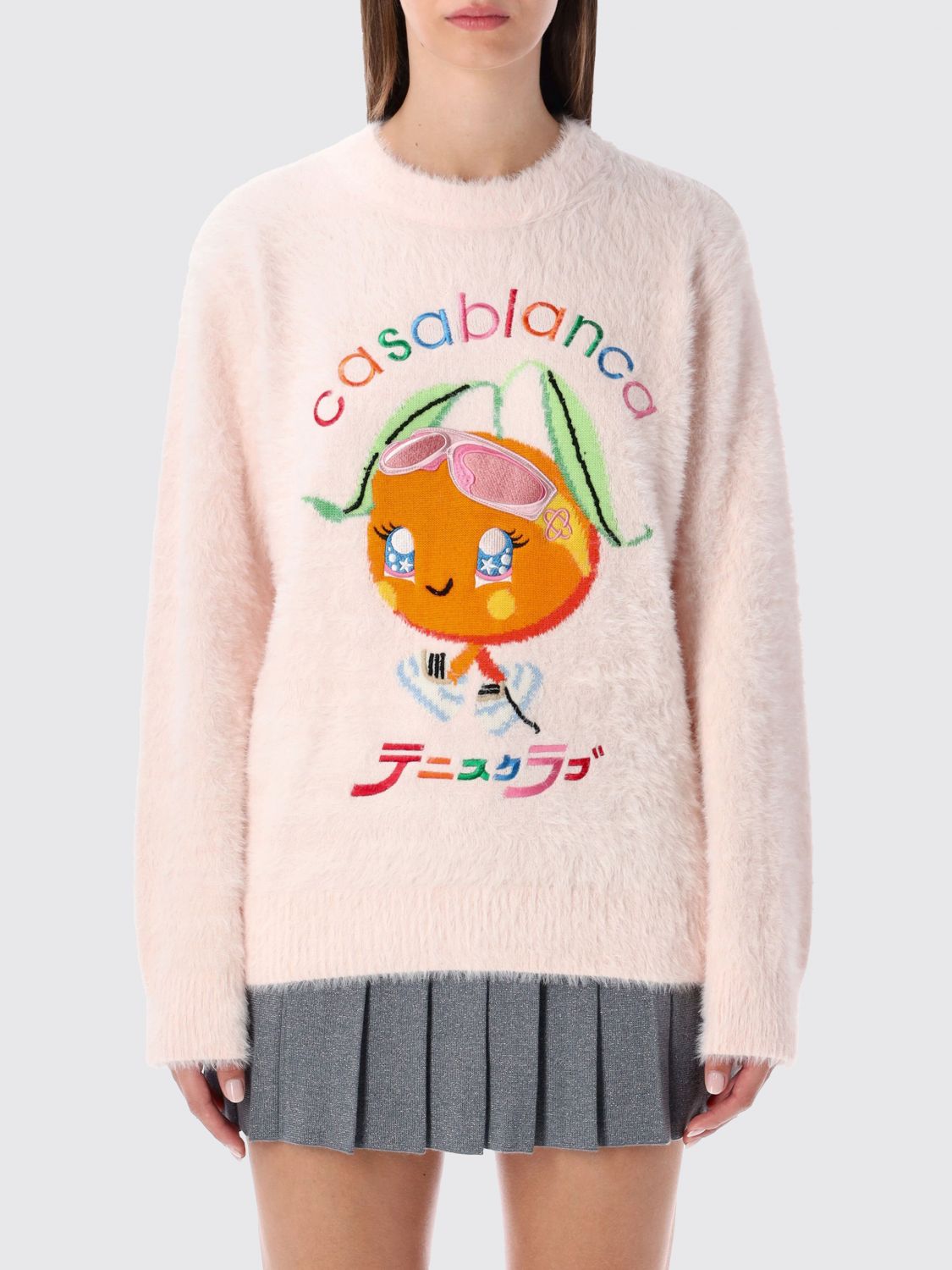 Casablanca Character Intarsia Crew Pullover Merino Kawaii Orange In Pink