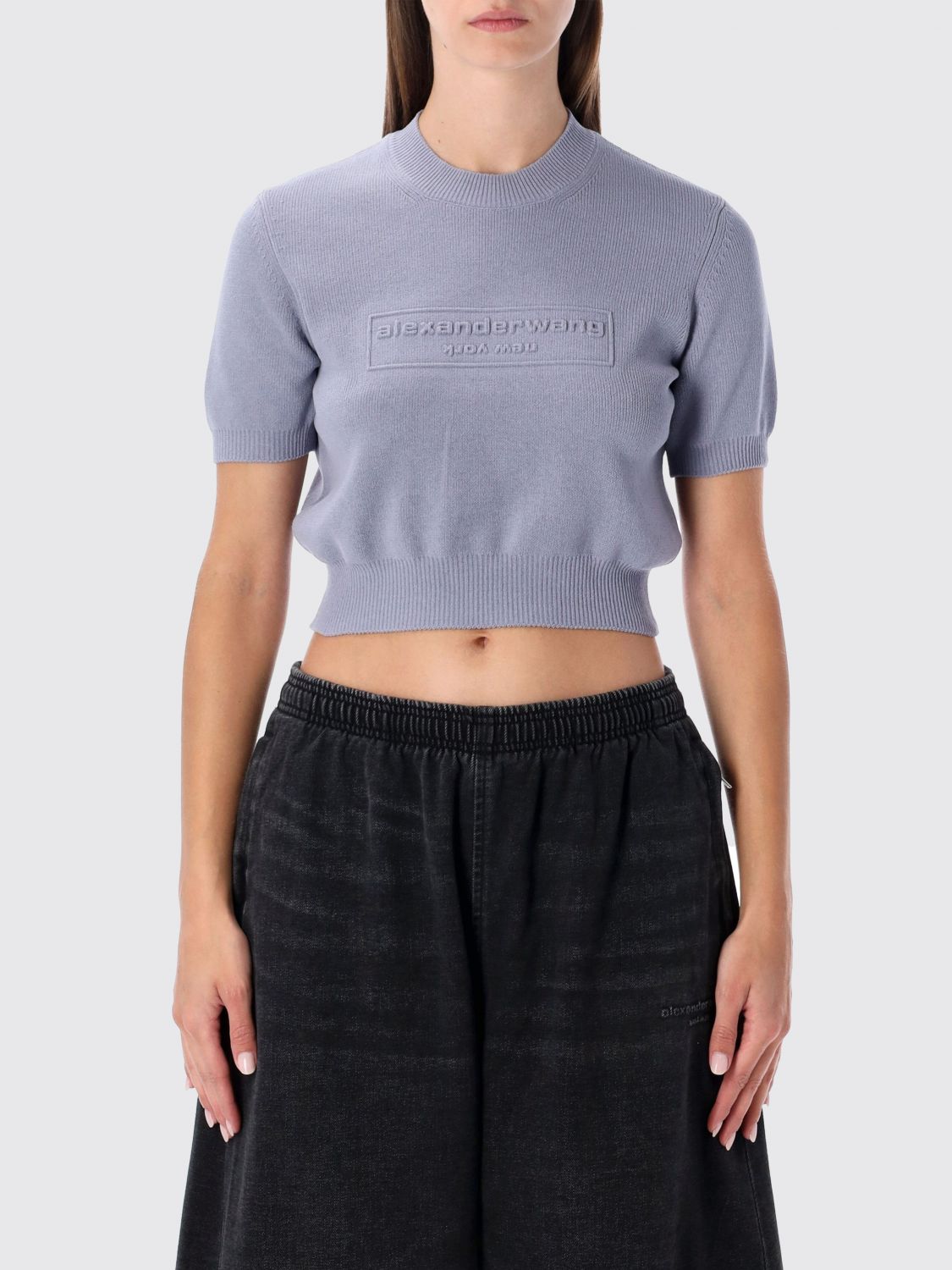 Alexander Wang Embossed Logo Ribbed Ss Tee In Gray