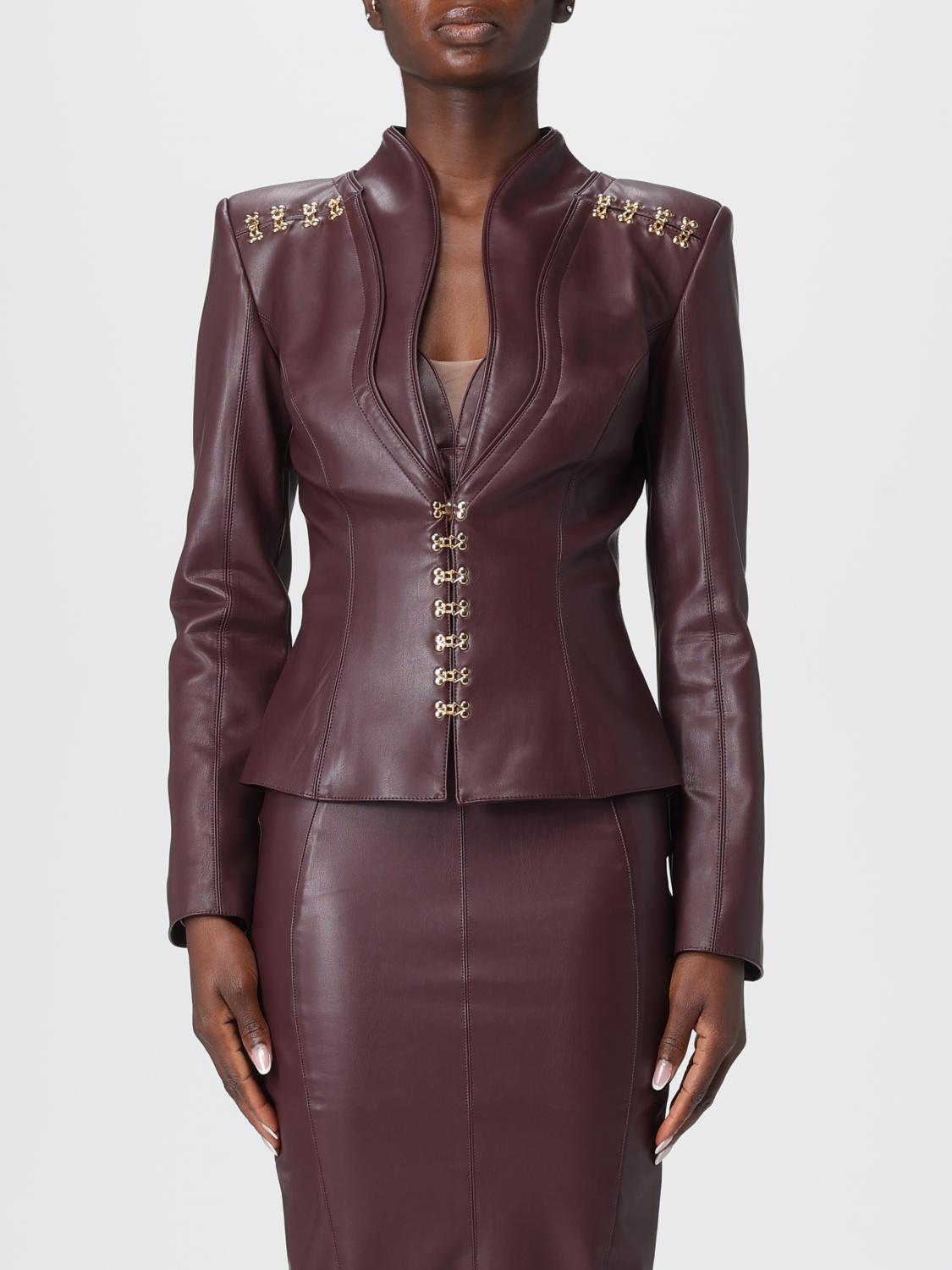 Elisabetta Franchi Brown Faux Leather Jacket With Gold Hooks And Shoulder Details In Brown