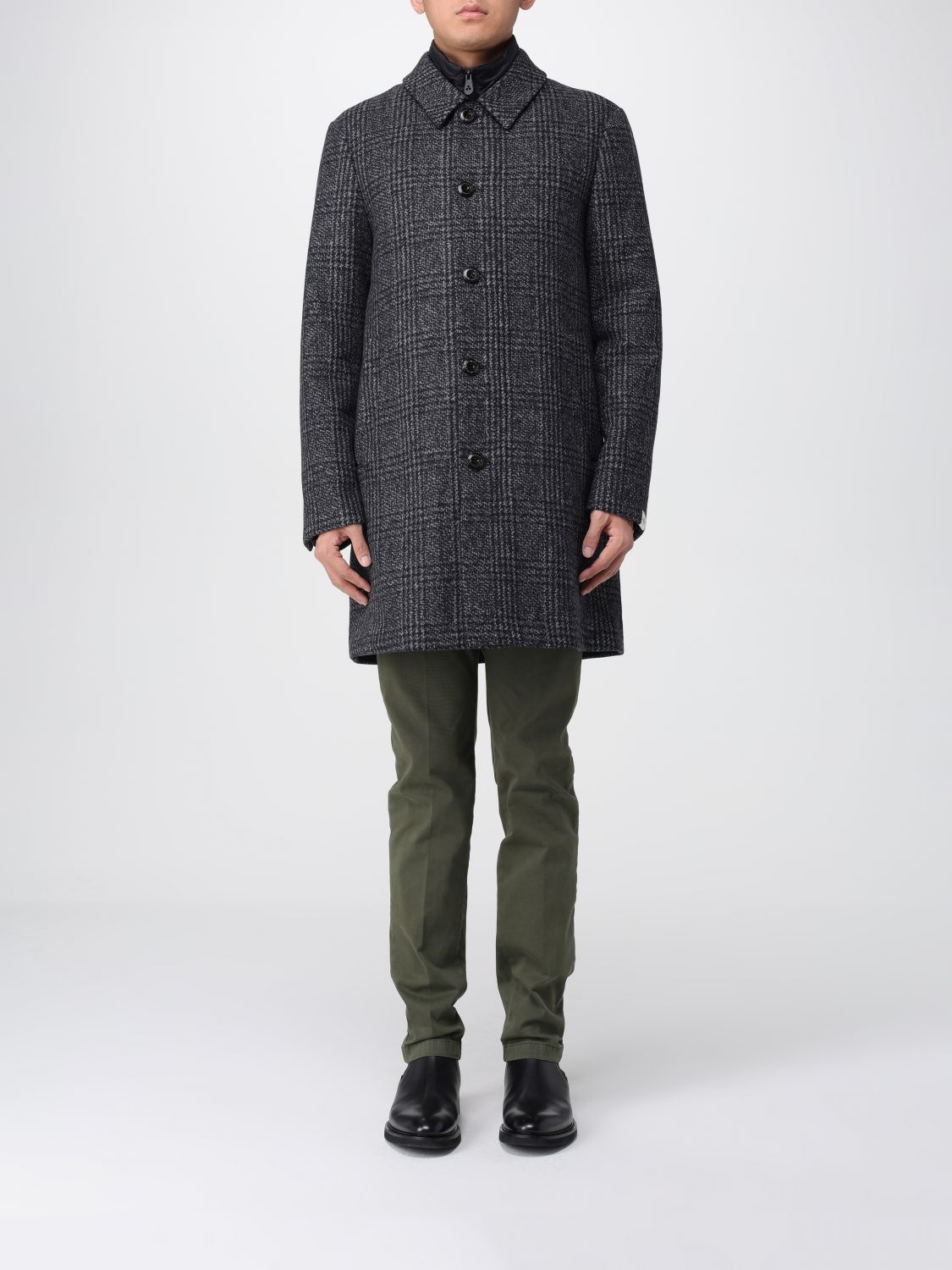 Peuterey Dark Grey Check Wool Blend Coat With Classic Collar In Gray