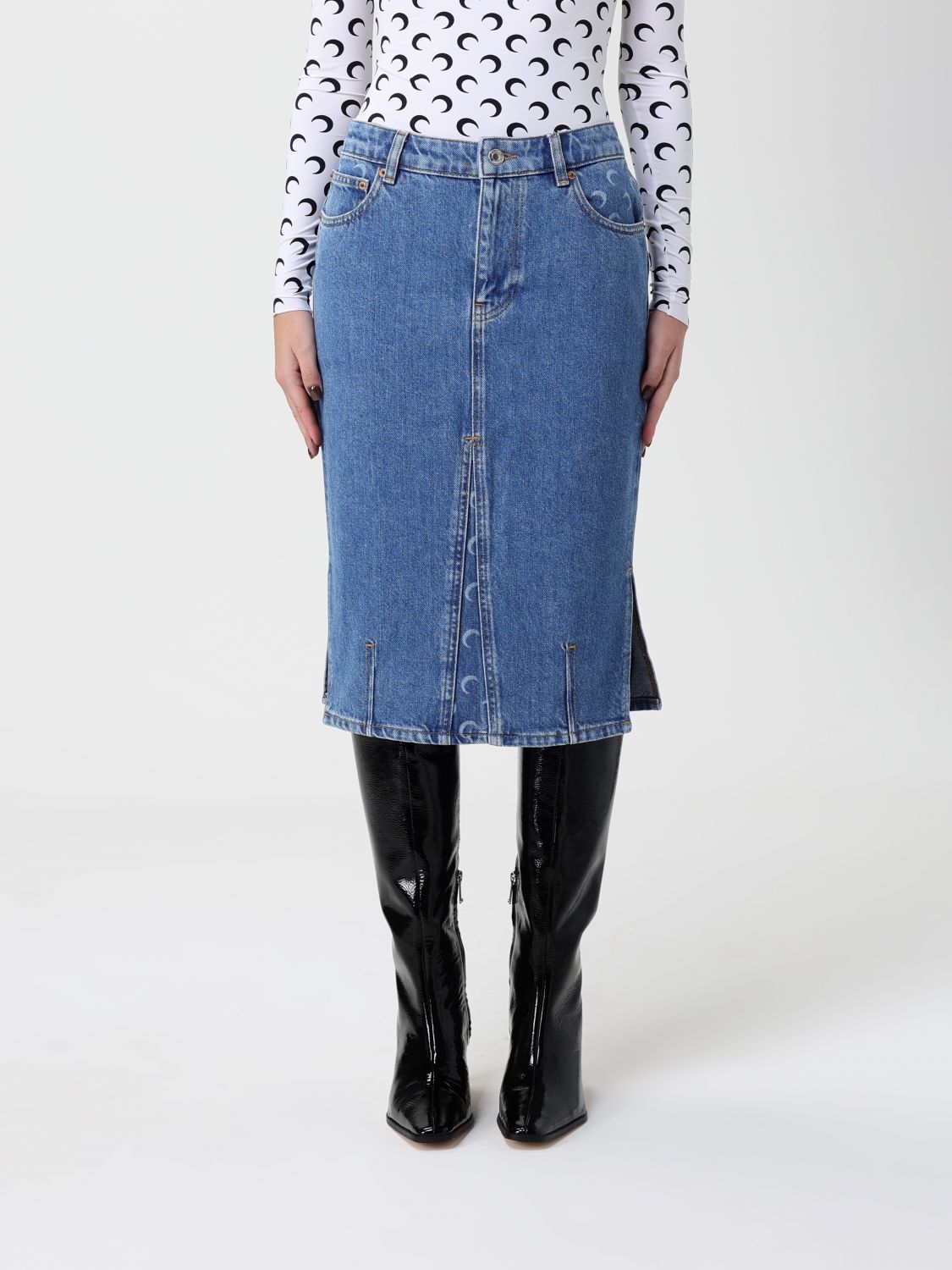 Marine Serre Denim Skirt Featuring Back Pockets And Belt Loops In Blue