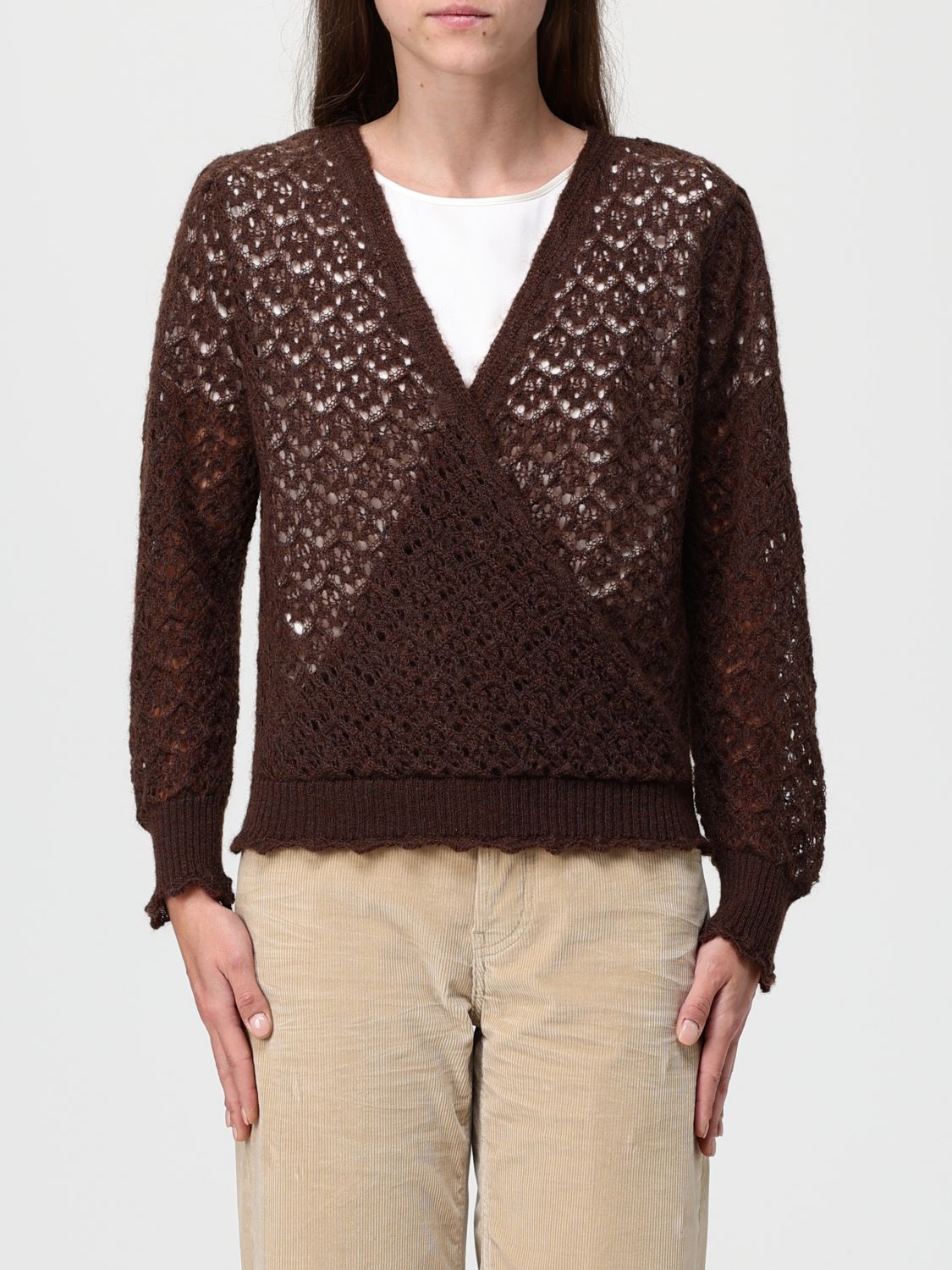 Twinset Wrap-style Open-knit Sweater With Scalloped Edges In Brown