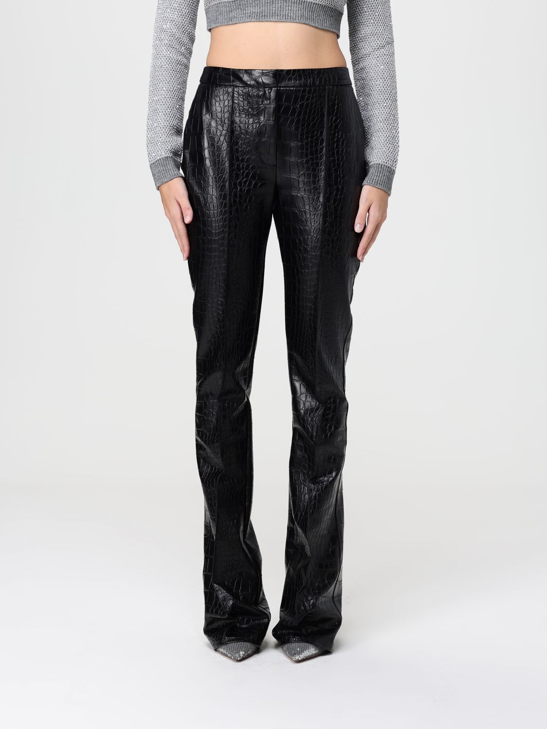 Elisabetta Franchi High Waisted Flared Trousers With Crocodile Effect In Black