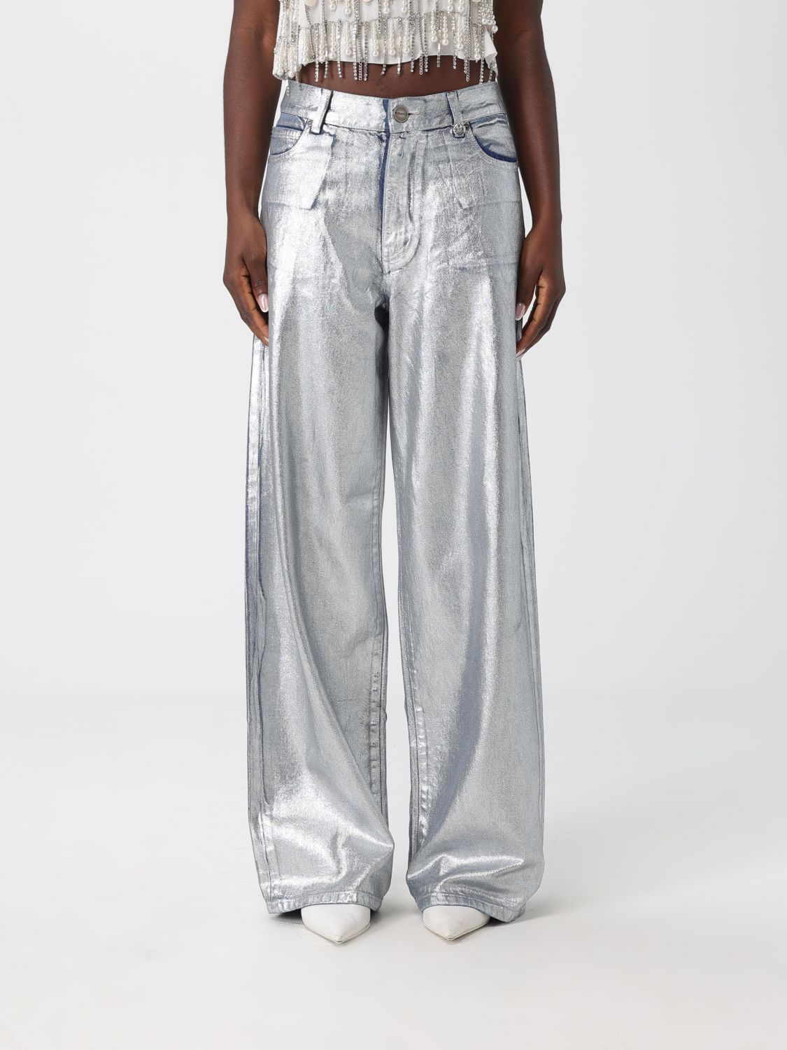Pinko Lauryn Loose Coated Jeans In Laminated Silver In Silver
