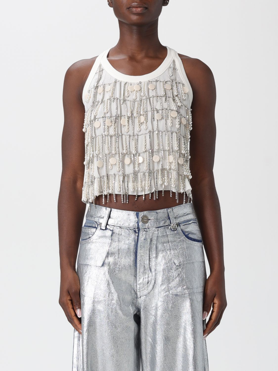 Pinko Top Avec Strass Et Chaînes Bijou In White