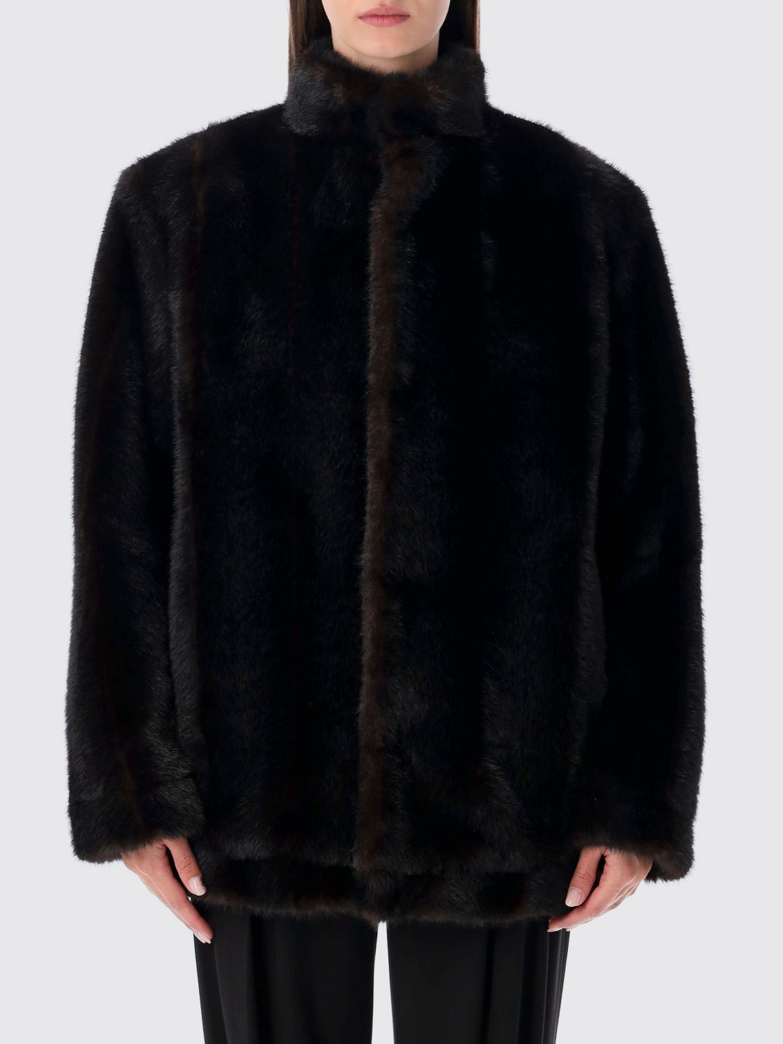 Mm6 Maison Margiela Plush Black Faux Fur Jacket With High Collar And Relaxed Fit In Black