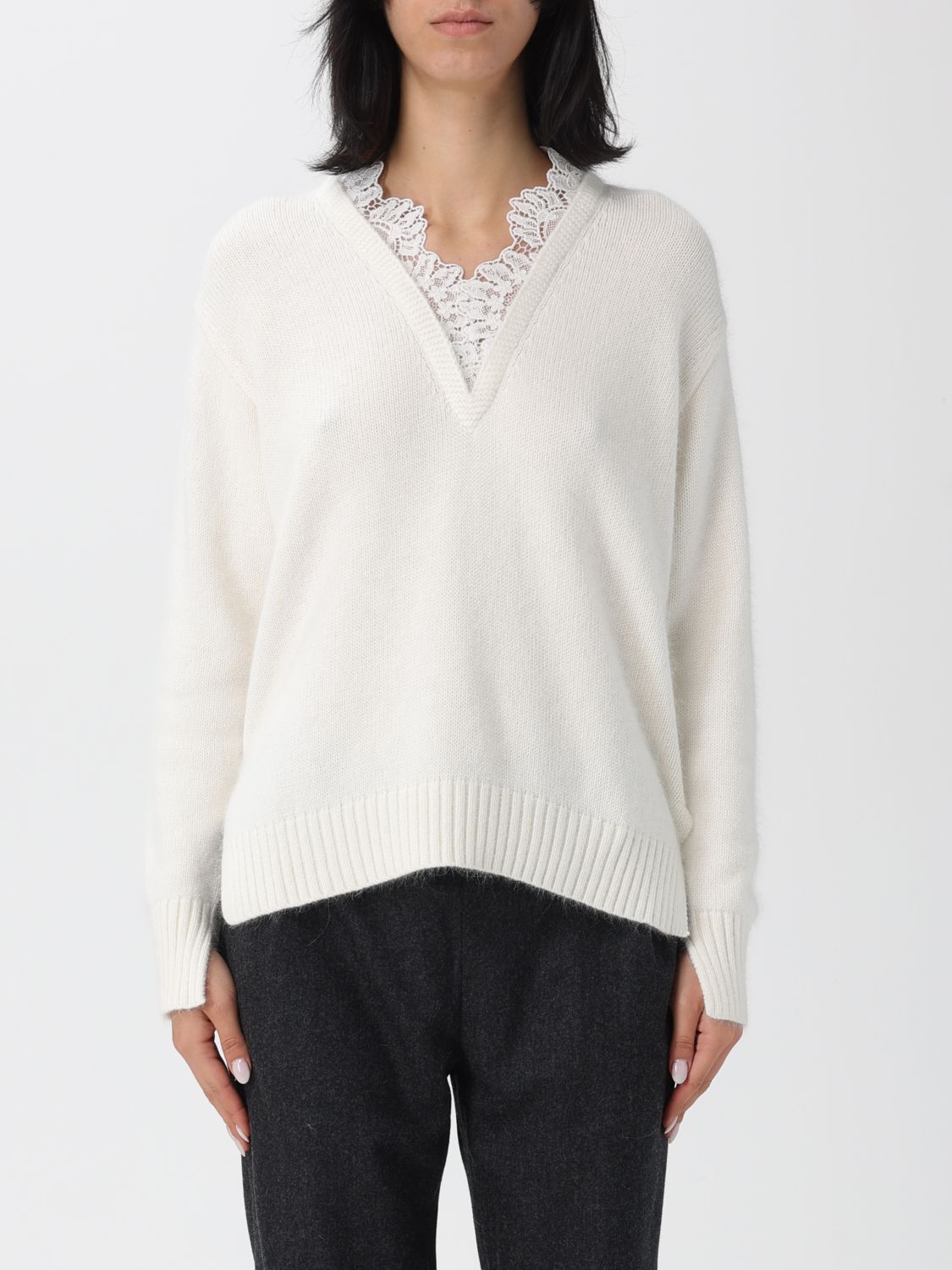 Twinset Angora Blend Sweater With Lace In White