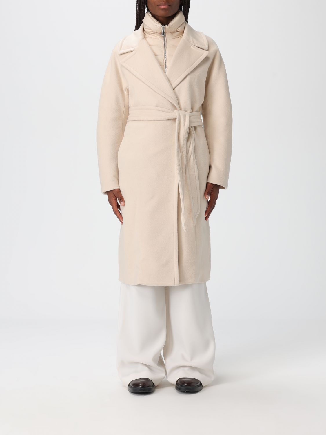 Moorer Long Quilted Jacket Belted Waist In White
