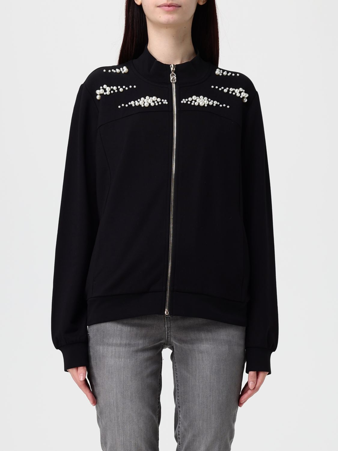 Liu •jo High Collar Black Sweatshirt With Pearl Embellishments In Black