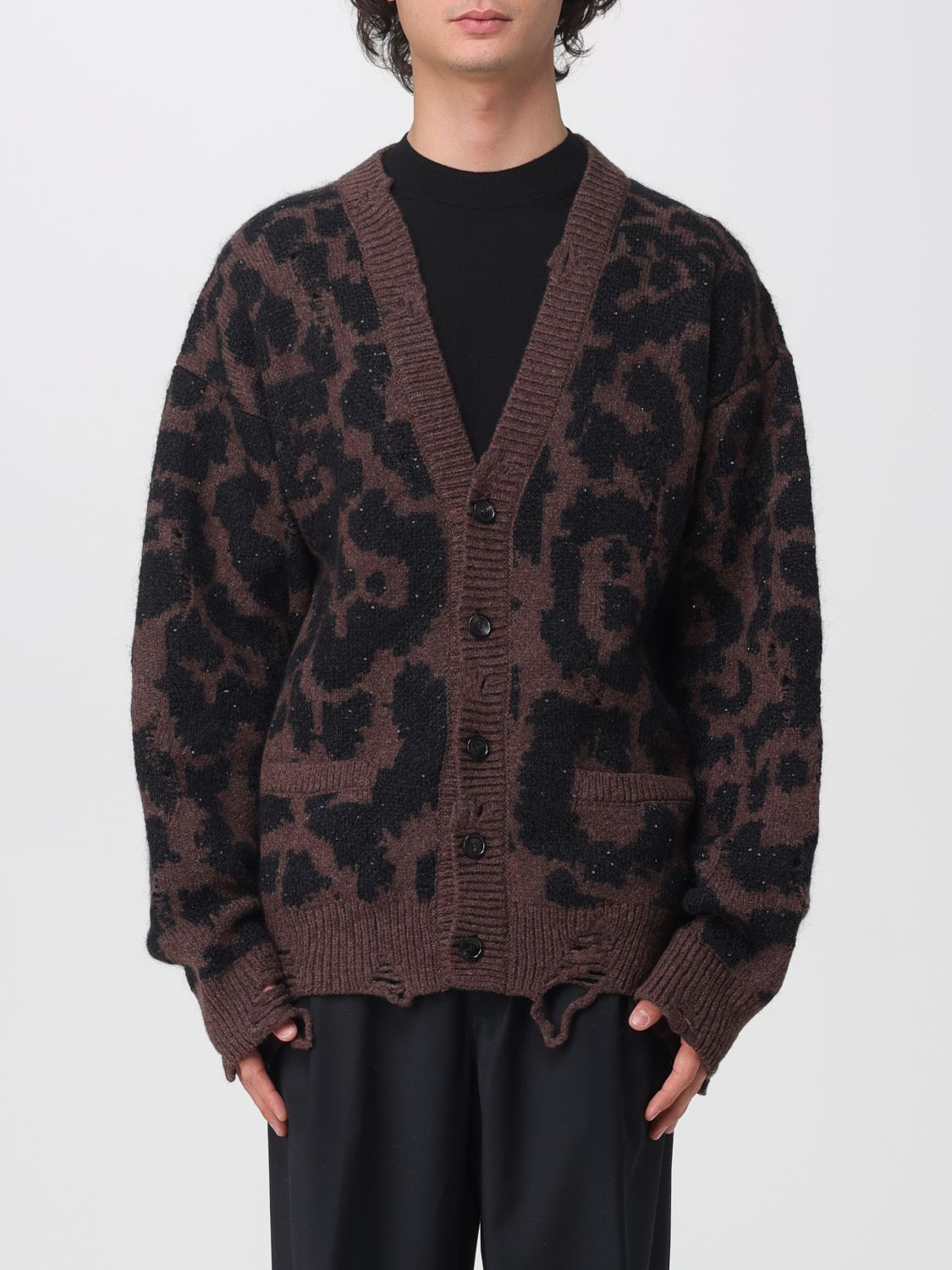 Laneus Spotted Merino Wool Blend Cardigan In Brown