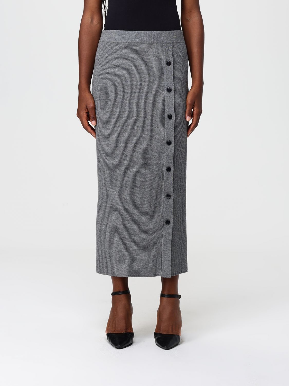 Liu •jo Knee-length Ribbed Knit Skirt With Decorative Buttons In Gray