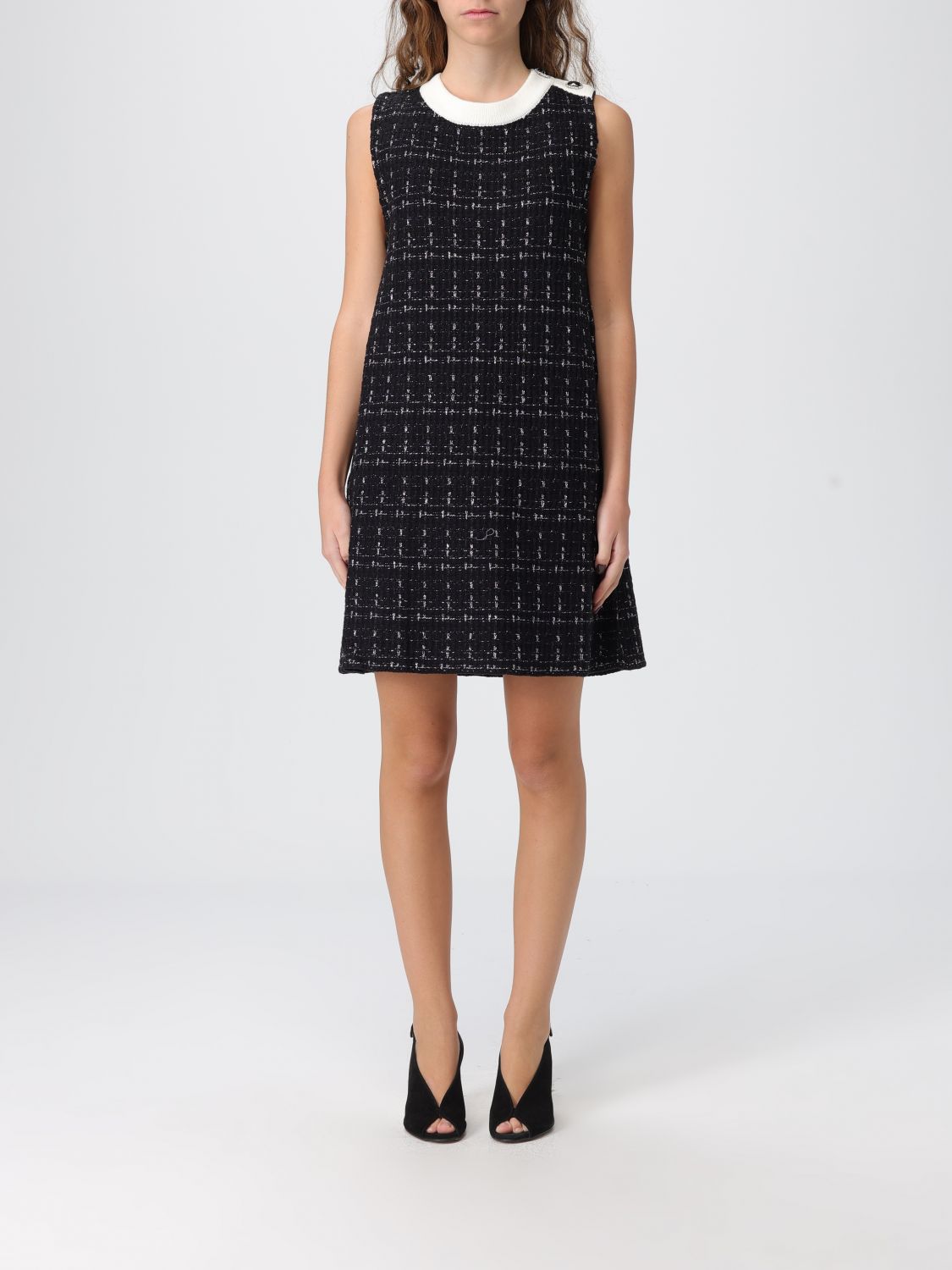 Liu •jo Checkered Tweed Mini Dress With Contrasting Neckline In Black