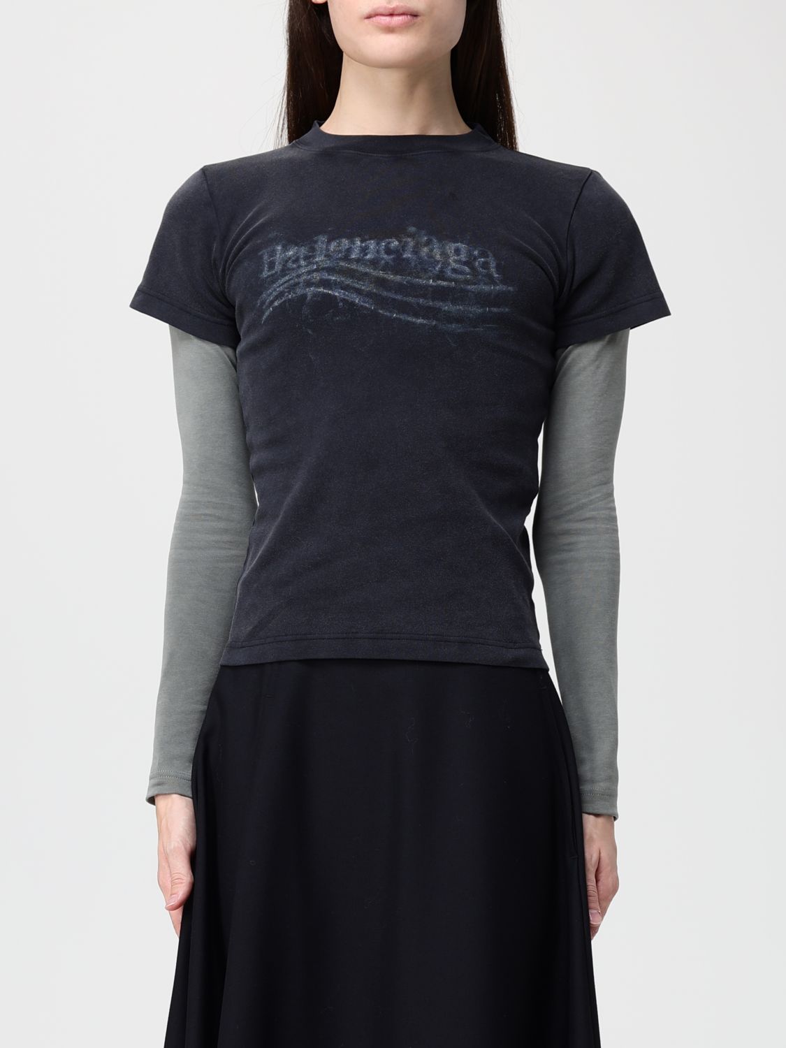 Balenciaga Women Washed Crayon Political Double-sleeve T-shirt In Brown