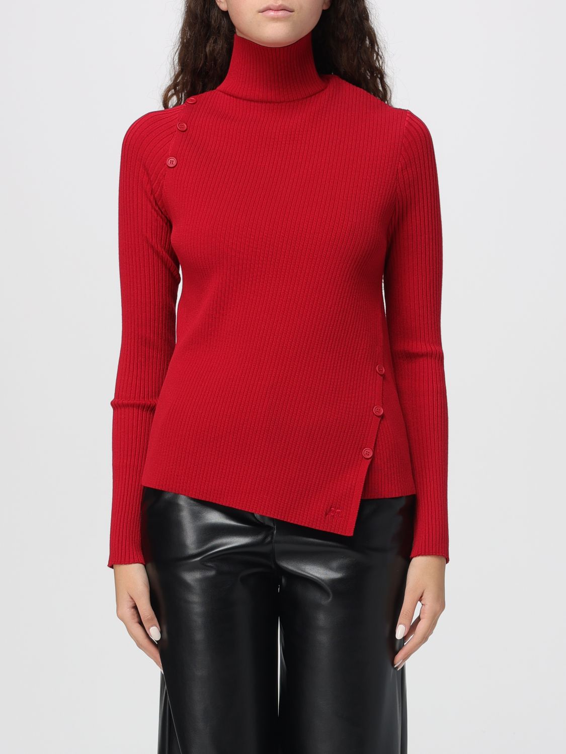 Courrèges Button-embellished Ribbed Turtleneck Sweater In Red