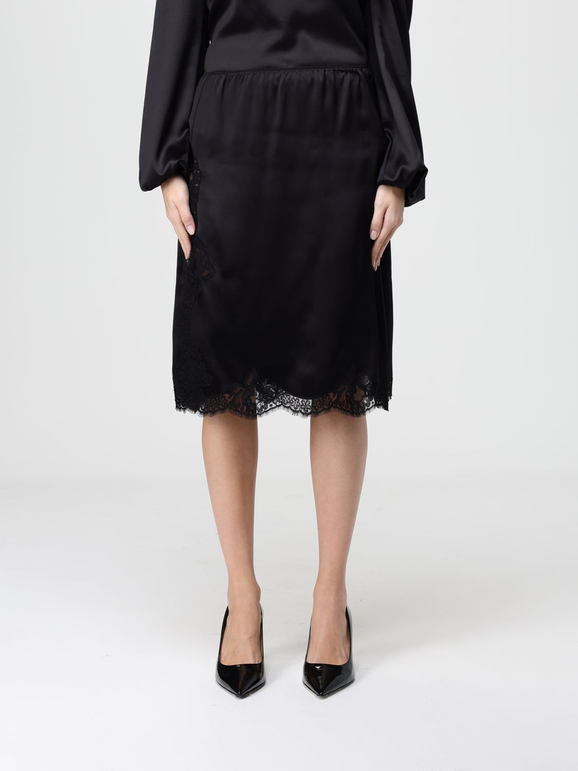 Dolce & Gabbana Satin Skirt Featuring Lace Trim And Elastic Waistband In Black