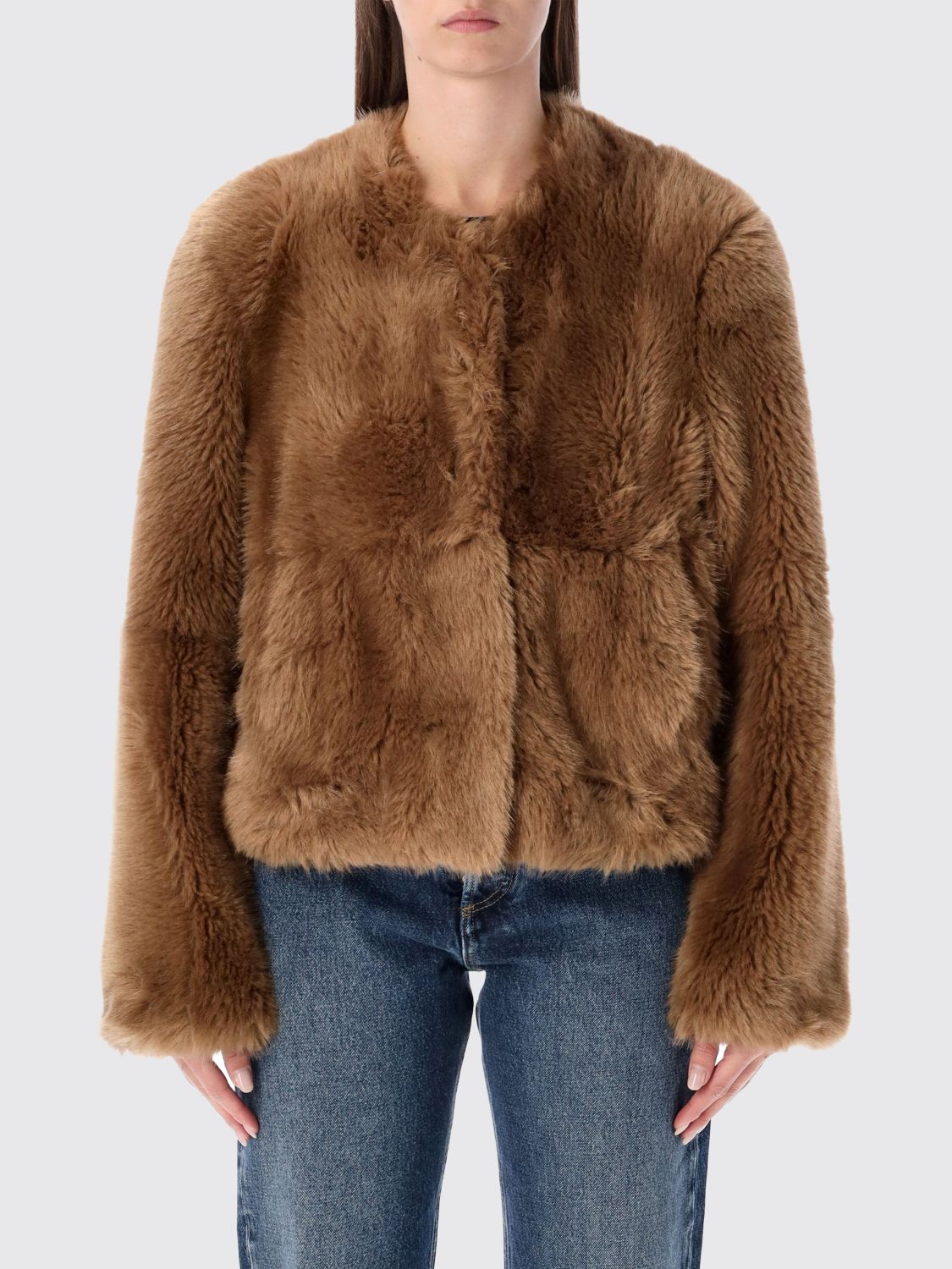 Stand Studio Short Cropped Faux Fur Jacket With Round Neckline In Brown