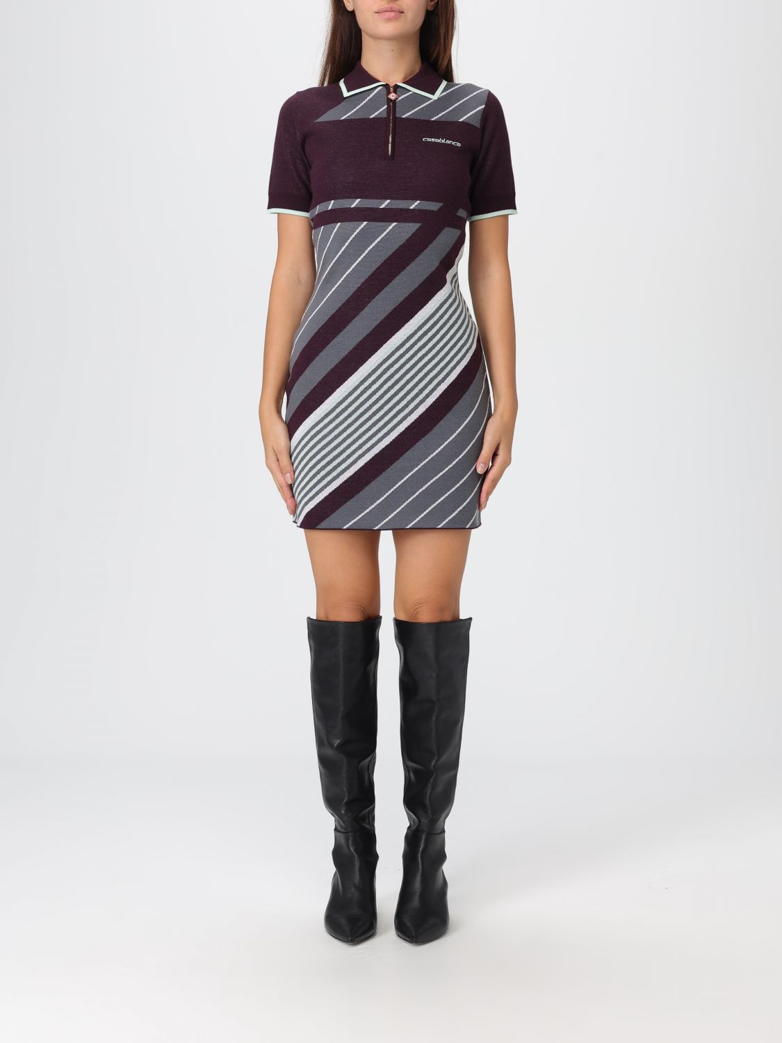 Casablanca Diagonal Striped Mini Dress In Merino Wool In Purple
