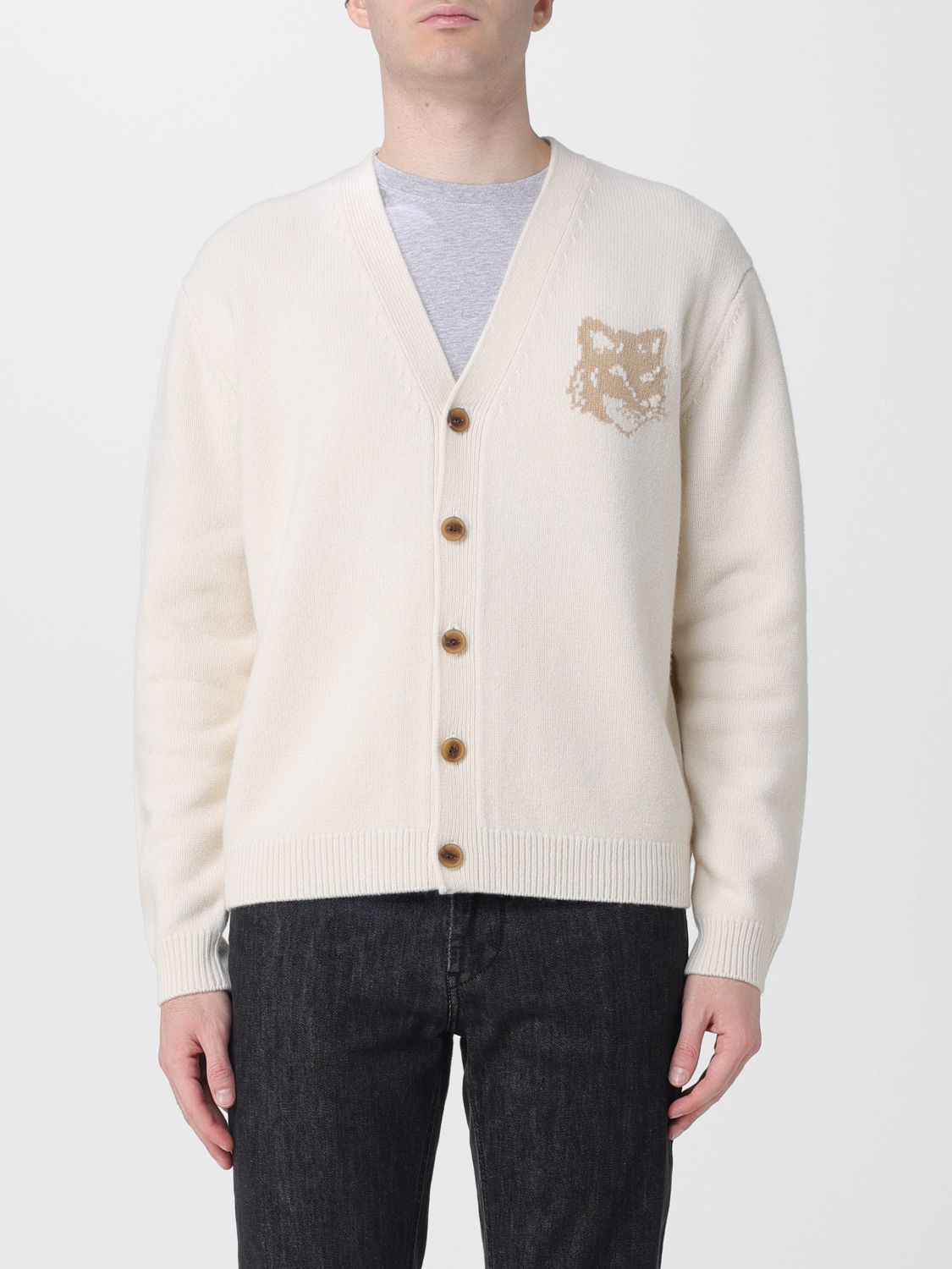 Maison Kitsuné Ecru Wool Cardigan With Fox Head Intarsia In Multi