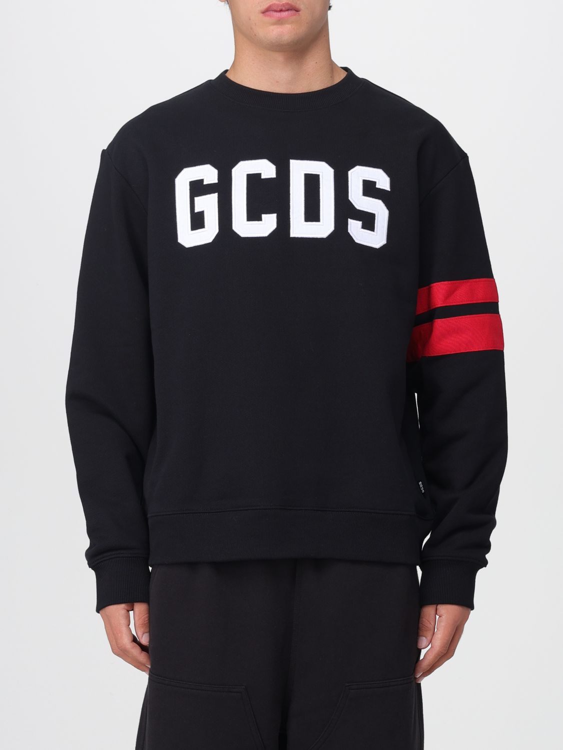 Gcds Crew Neck Sweater With Bold Logo And Striped Accents In Black